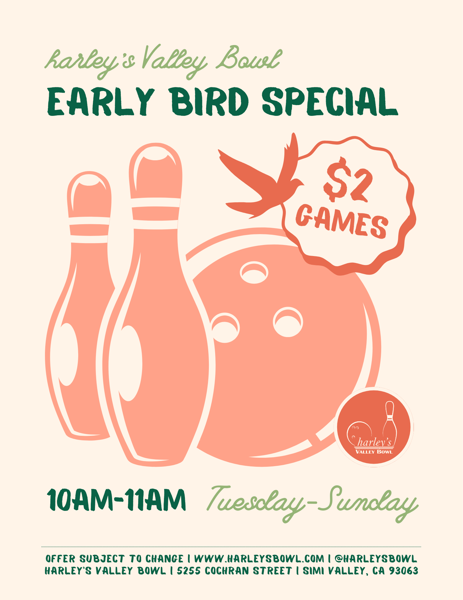 Early bird bowling special at harley's Valley Bowl, east Simi Valley. $2 per game of bowling. Get the best deals on bowling!
