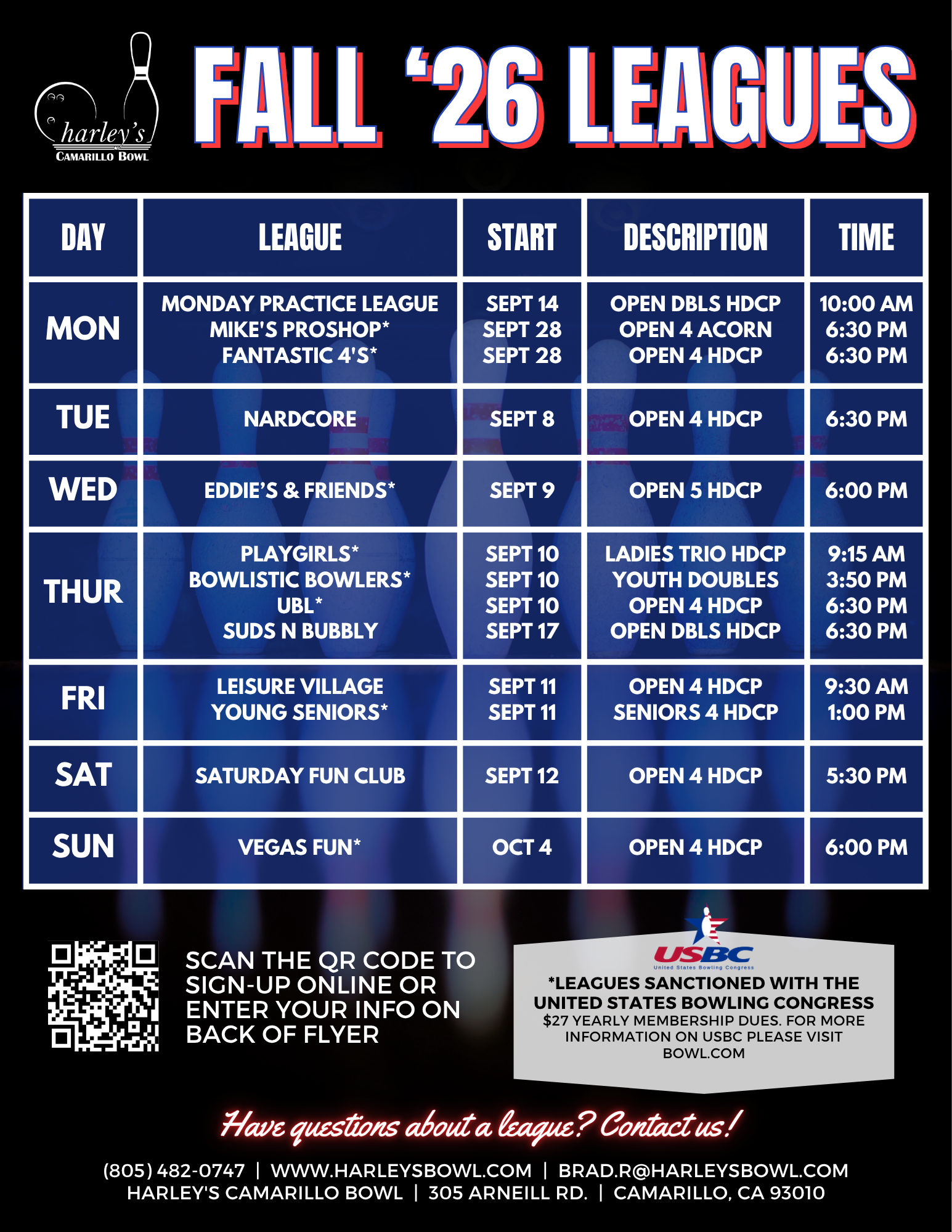 Camarillo Bowl fall bowling leagues. Senior leagues, youth leagues, women's leagues.