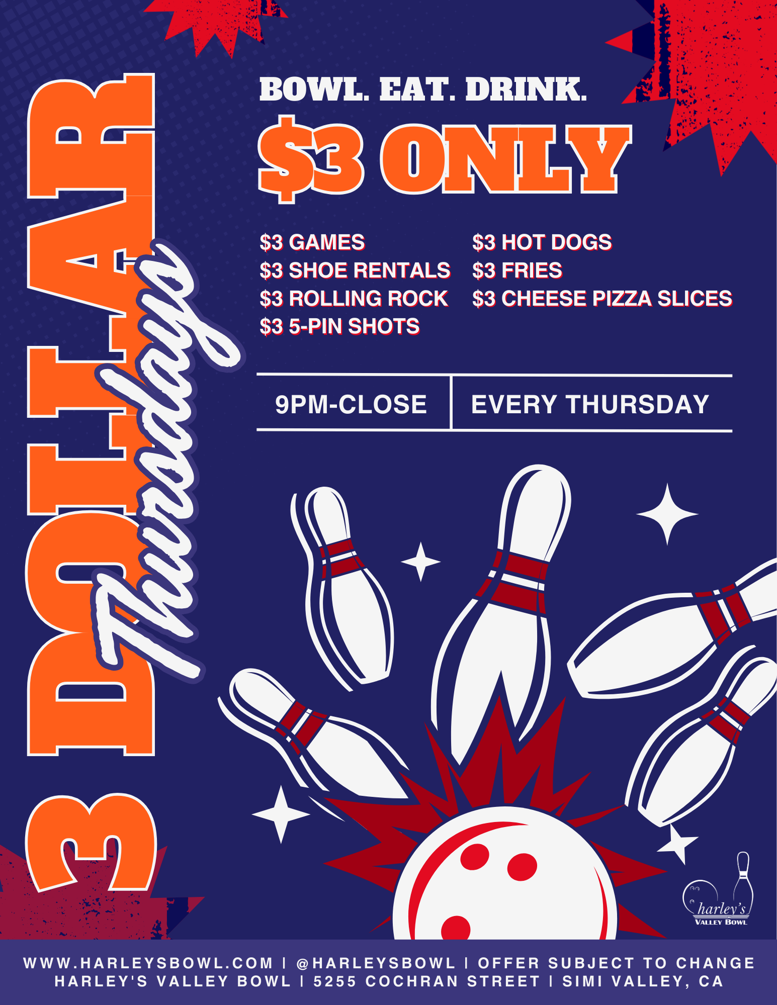 $3 Thursdays at harley's Valley Bowl. late night bowling, food, and drink specials in Simi Valley.