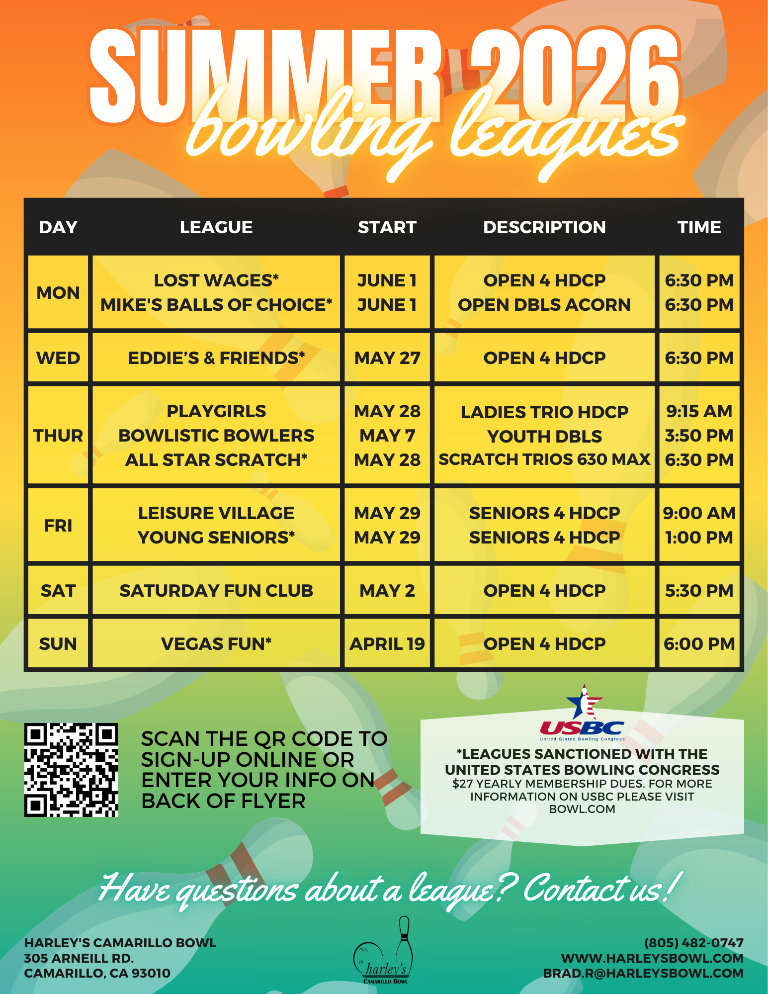 Camarillo Bowl Summer Bowling League Schedule