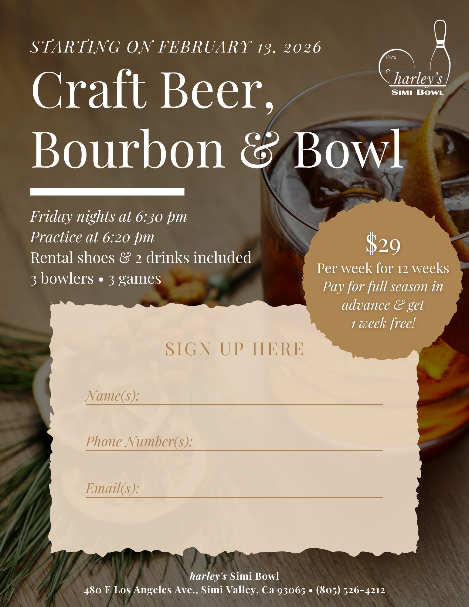 Craft beer, bourbon and bowl league at harley's Simi Bowl