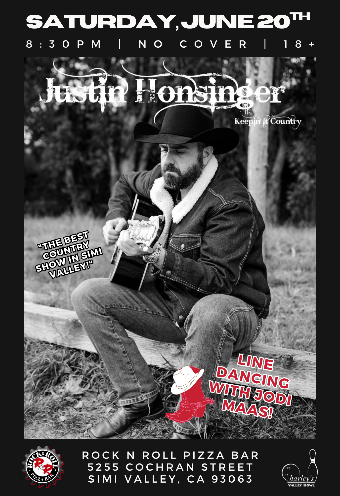 Live country music in Simi Valley, Justin Honsinger at Rock N Roll pizza Bar. Line dancing with Jodi Maas