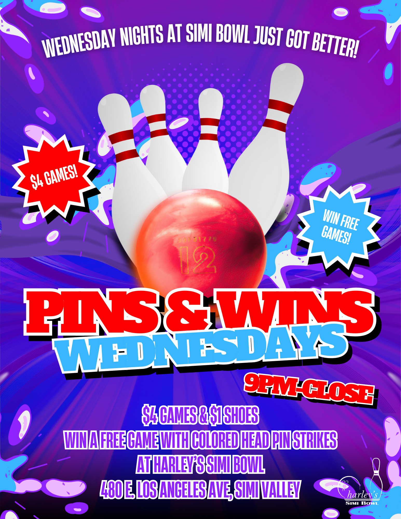 harley's Simi Bowl Wednesday night bowling special. $4 games, win free games with colored head pin strikes. Simi Valley nightlife