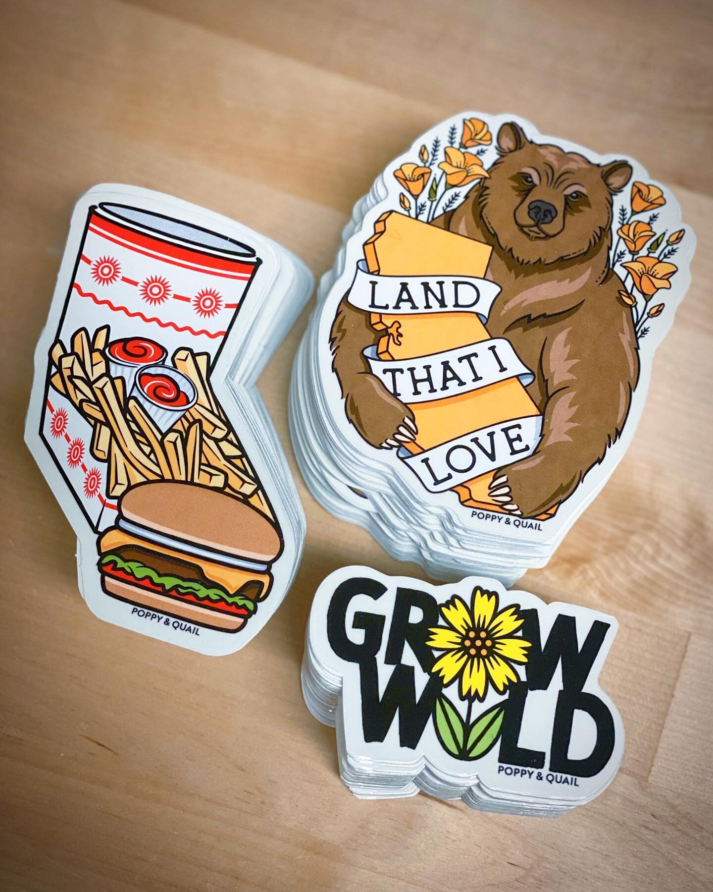 Added three new stickers to our website today! 🍔 🐻 🌼
⠀⠀⠀⠀⠀⠀⠀⠀⠀
These guys are silkscreened onto durable vinyl and coated with a beautiful UV protective clear gloss. Waterproof and weather proof, our stickers are fade resistant and made to last!
⠀⠀