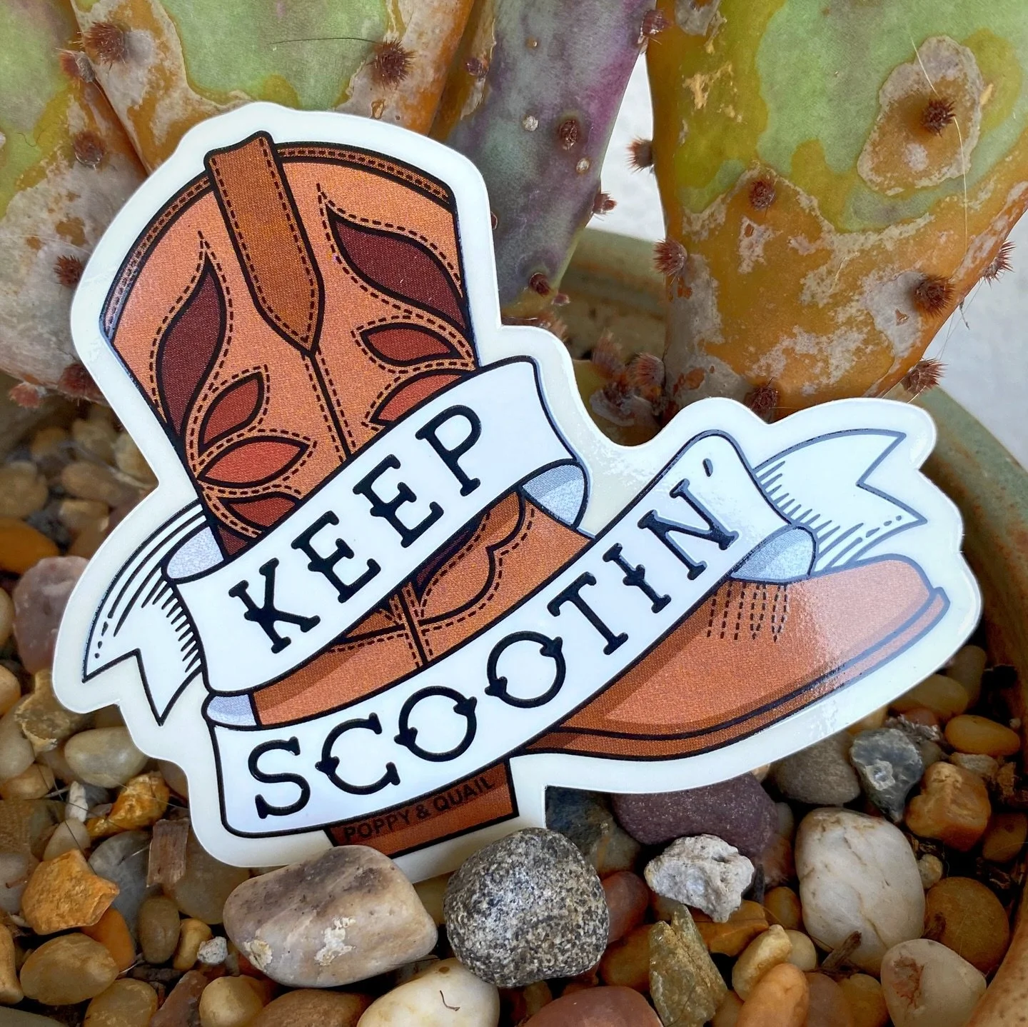 Brand spankin&rsquo; NEW boot scootin&rsquo; stickers have arrived! ✨ Our Keep Scootin&rsquo; stickers are silkscreened onto durable vinyl and coated with a beautiful UV protective clear gloss. Waterproof and weather proof, our stickers are fade resi