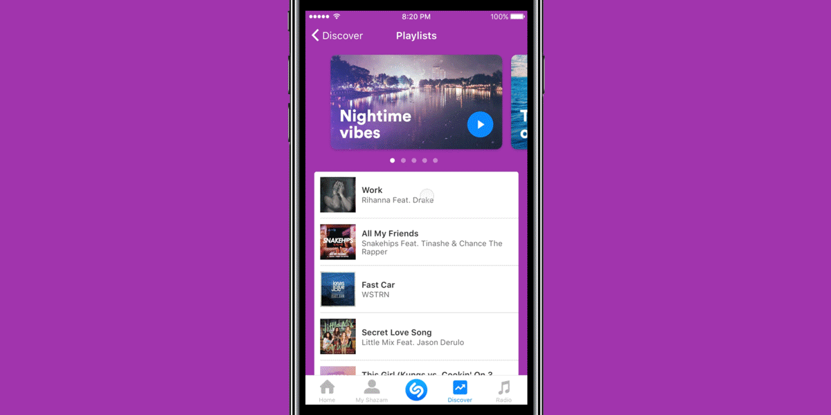A prototype created for an idea for a Playlists section in the Shazam app.