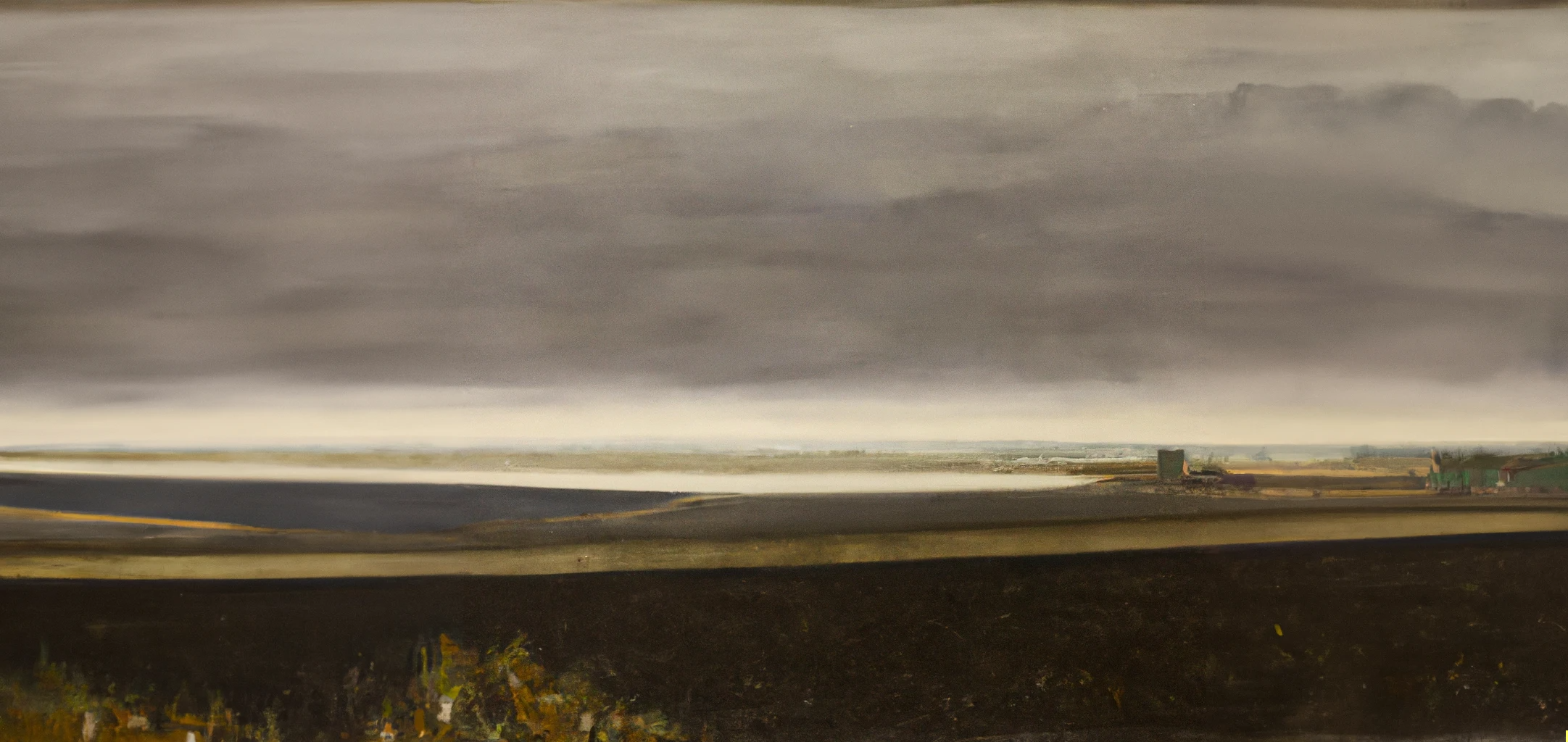 DALL·E 2022-11-28 22.45.41 - peinture flamande dans le style de Permeke d'un paysage agricole avec la mer à l'horizon, dans les tons ocres et gris.png