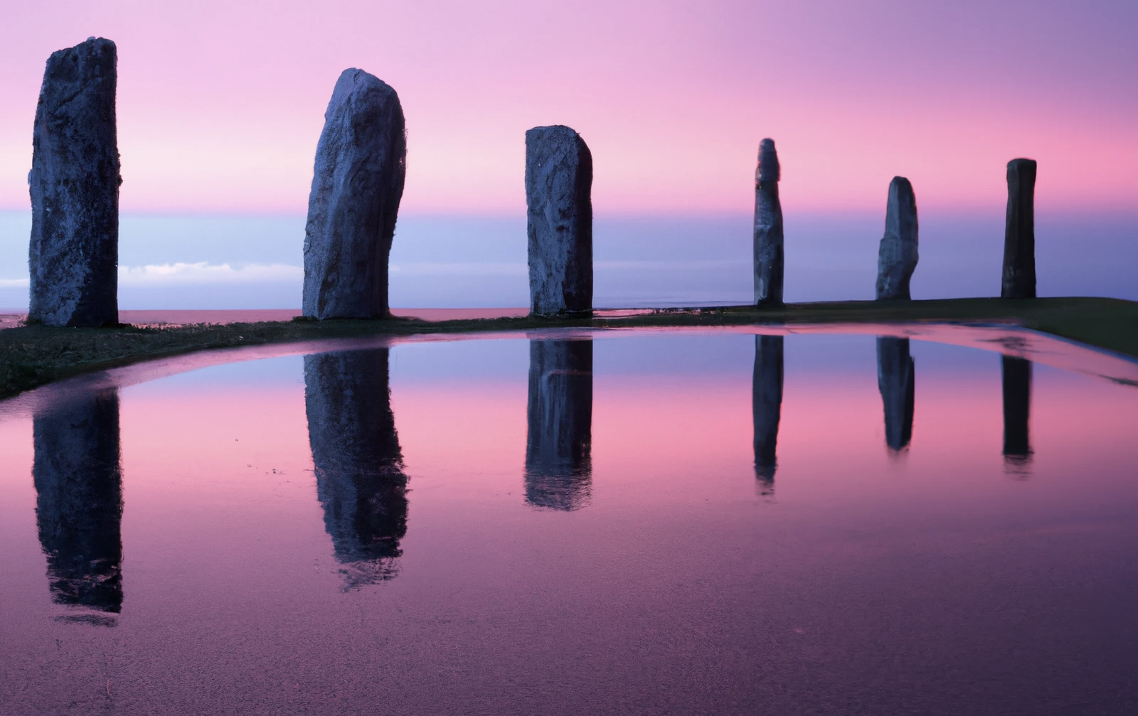 DALL·E 2022-12-01 18.49.45 - photographie de quatre menhirs brisés qui se reflètent dans une surface d'eau visqueuse sur une esplanade de béton devant la mer dans les tons rose et.png
