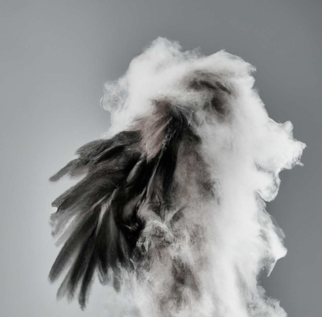DALL·E 2022-12-11 10.29.34 - photographie studio noir et blanc d'un corps abstrait de créature qui se métamorphose en oiseau étrange qui s'envole plein de plumes et de poussière d.png