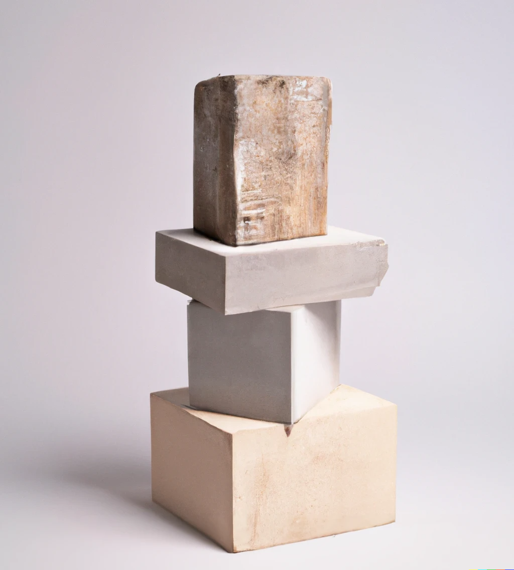 DALL·E 2022-12-17 15.31.15 - photographie studio d'une sculpture moderne en bois dans le style de carl andre en ruines dans les tons gris et beige.png