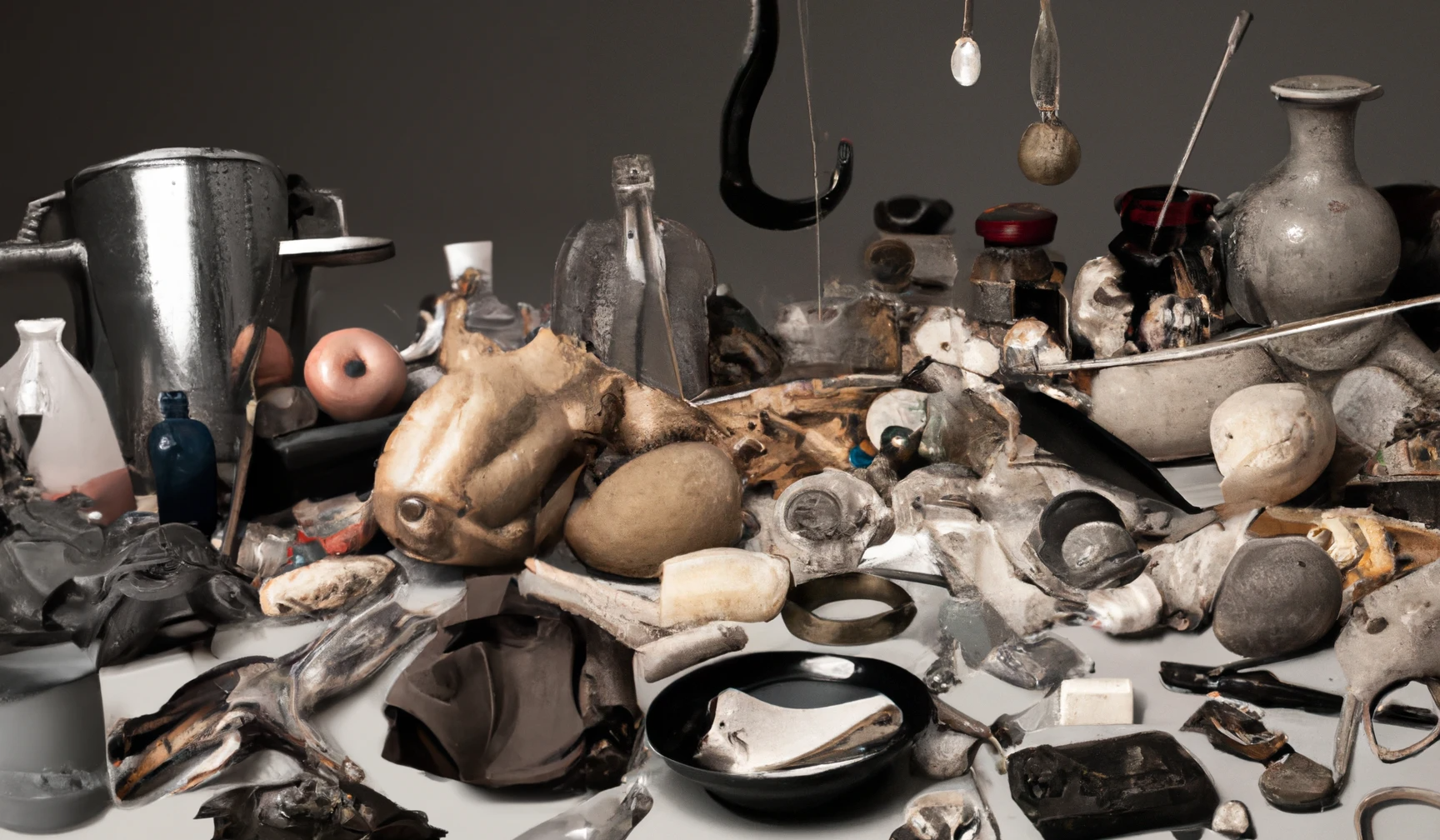 DALL·E 2022-12-18 19.00.52 - photographie studio d'une table remplie d'objets mystérieux et insolites recouvert de graisse dans les tons beige et gris.png