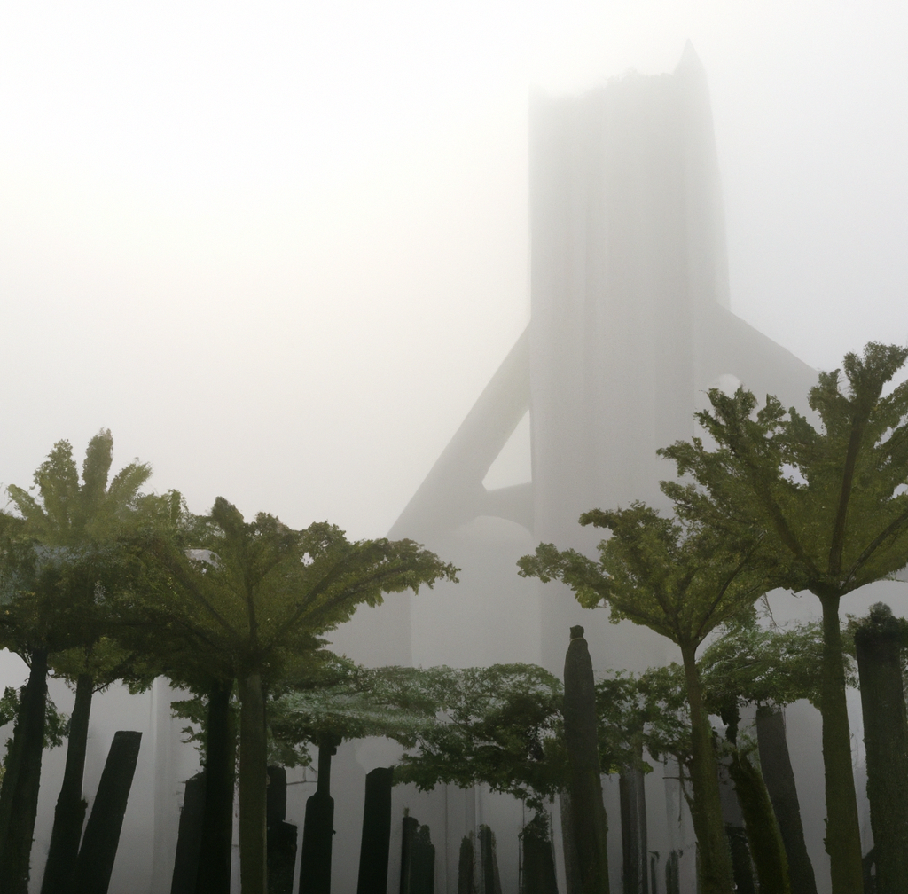 DALL·E 2022-11-20 16.26.13 - forêt de gunneras qui recouvre une cathédrale moderne de béton dans une brume de lueur grise.png