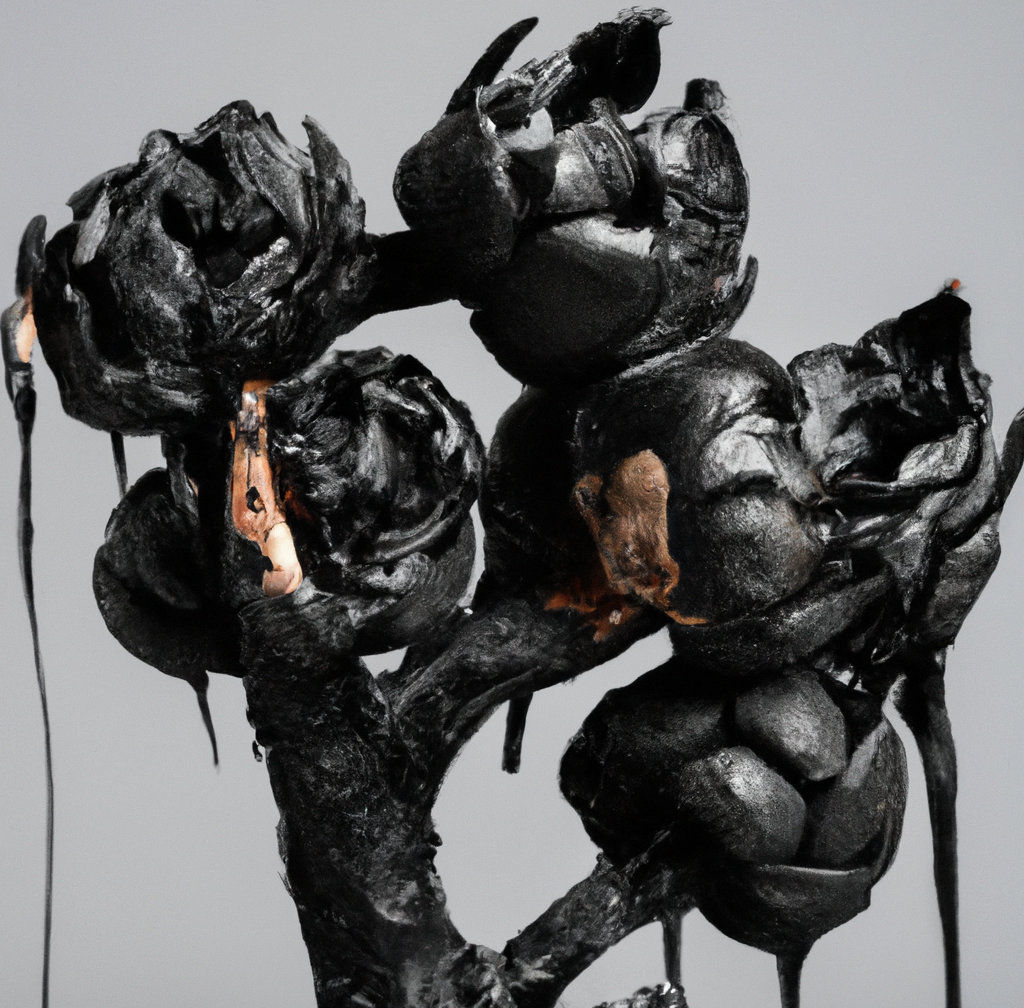 DALL·E 2022-11-28 21.52.52 - hyperrealistic still life of an  strange burnt plants covered in viscous black oil  in gray tone.png