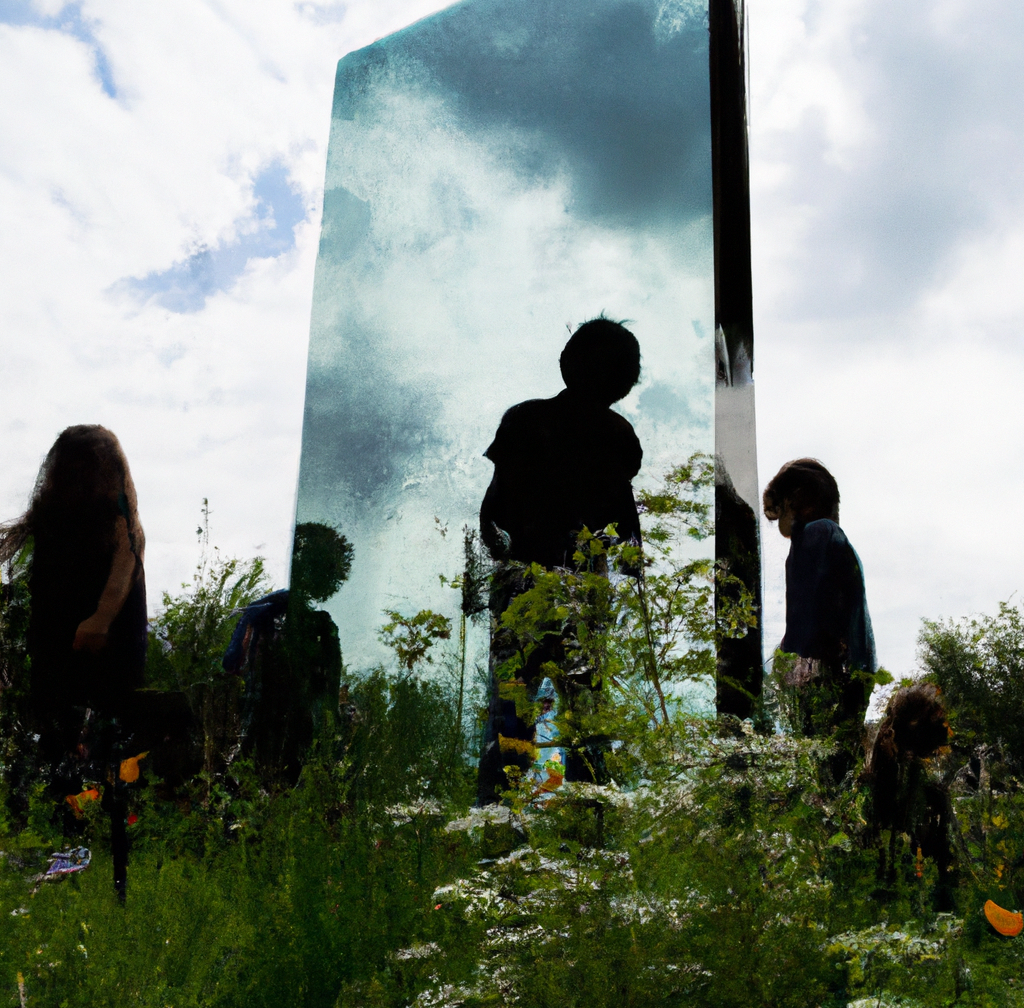 DALL·E 2022-12-01 18.37.39 - photographie de silhouettes d'enfants autour d'un monolithe de verre noir dans un jardin aux herbes sauvages.png