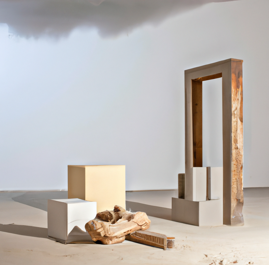 DALL·E 2022-12-17 15.40.02 - photographie studio d'une salle d'exposition avec sculpture moderne en bois dans le style de carl andre en ruines dans les tons gris et beige.png