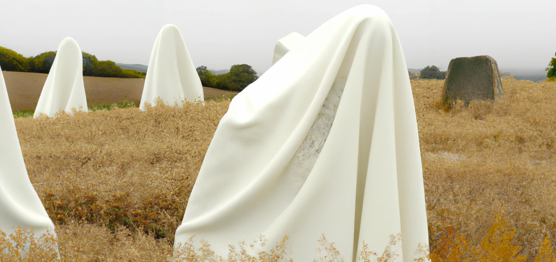DALL·E 2022-12-20 19.51.19 - photographie studio de gigantesques menhirs invisibles sous des draps blancs dans une prairie déserte au crépsucule dans les tons gris et beige.png