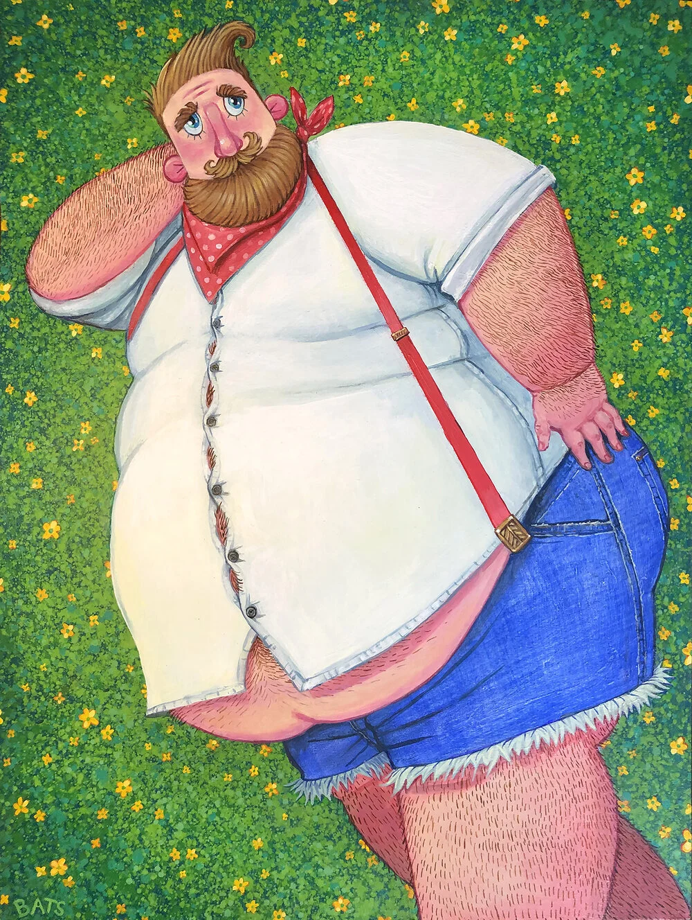 "GUS: On a Bed of Clover and Buttercups”, 2020, Acrylic on Panel, 18” X 24”