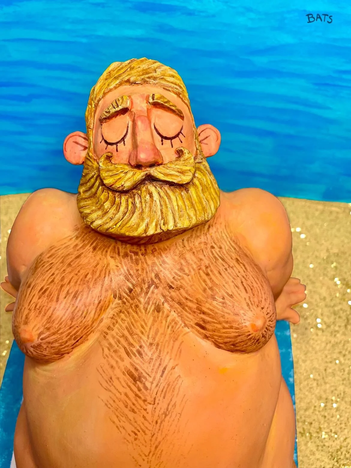Detail of “GUS: Tranquility”, 2022, Mixed Media Sculpure, 9.5” X 13” X 7.25” (Beach Towel 8” X 12.5”)