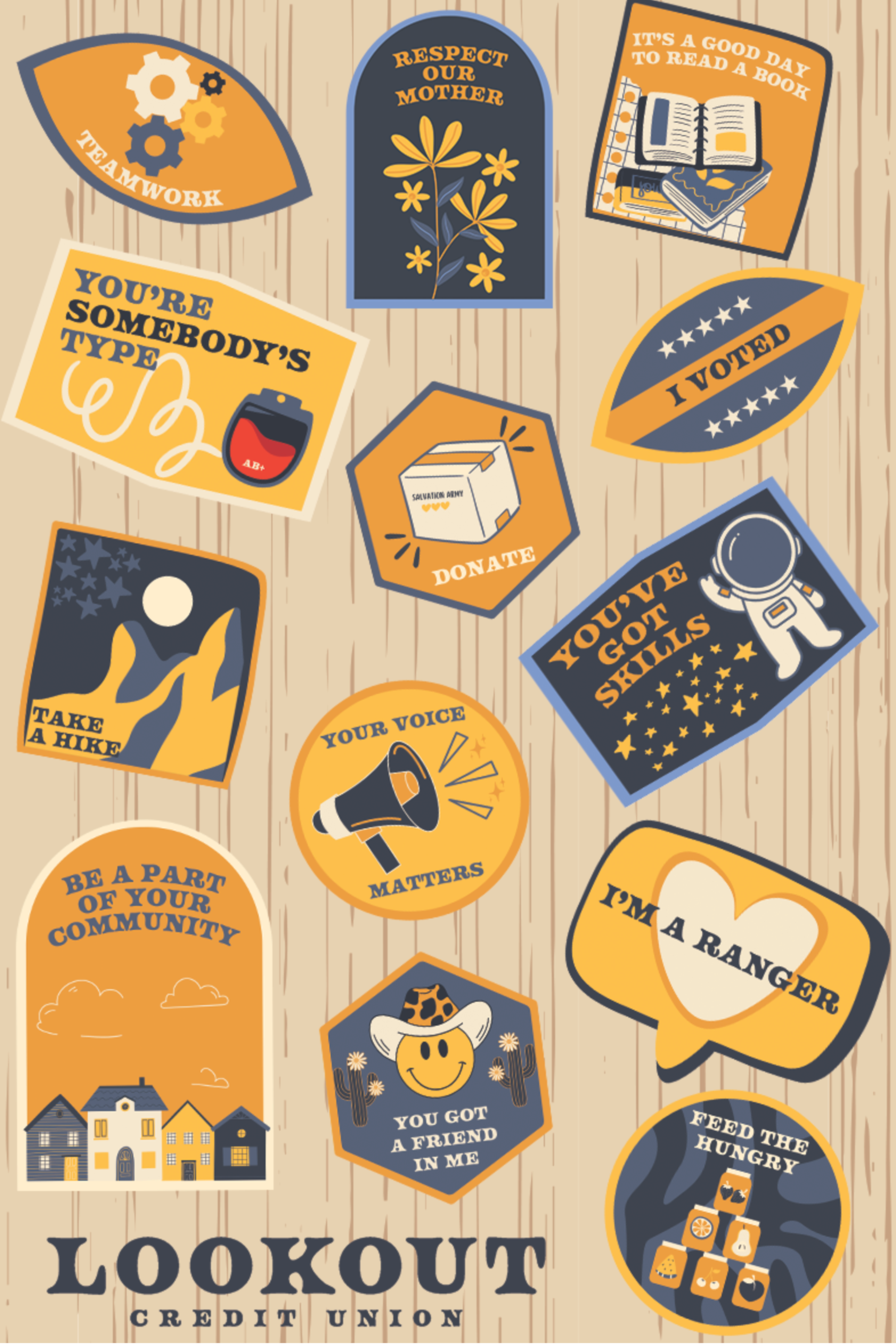 Collection of stickers with positive and motivational messages on a wooden surface, including themes of community, voting, reading, donating, hiking, communication, friendship, space, kindness, and feeding the hungry.