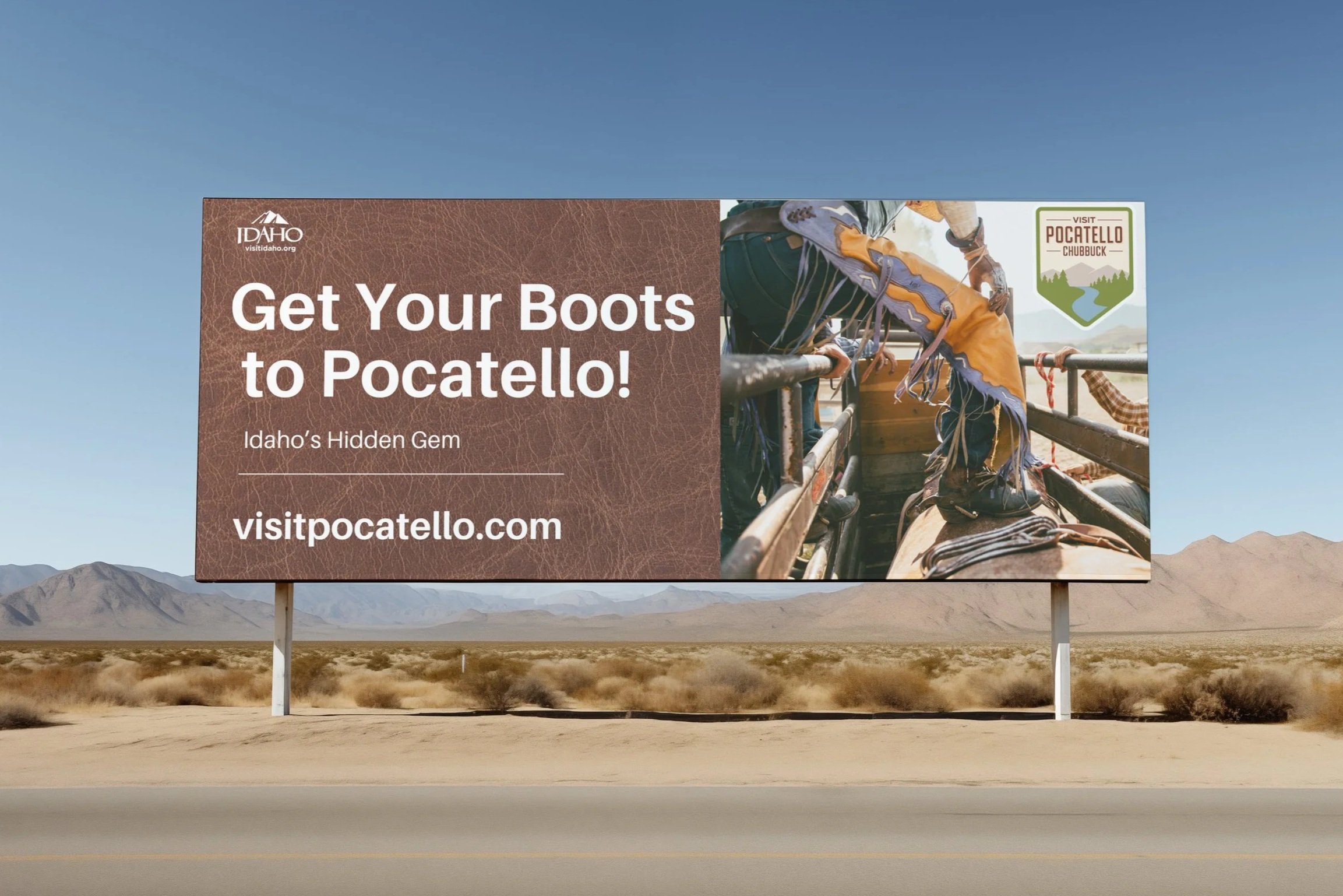 Billboard advertising Pocatello, Idaho, with text inviting people to get their boots to Pocatello, featuring a photo of a person inside a wagon and mountains in the background.