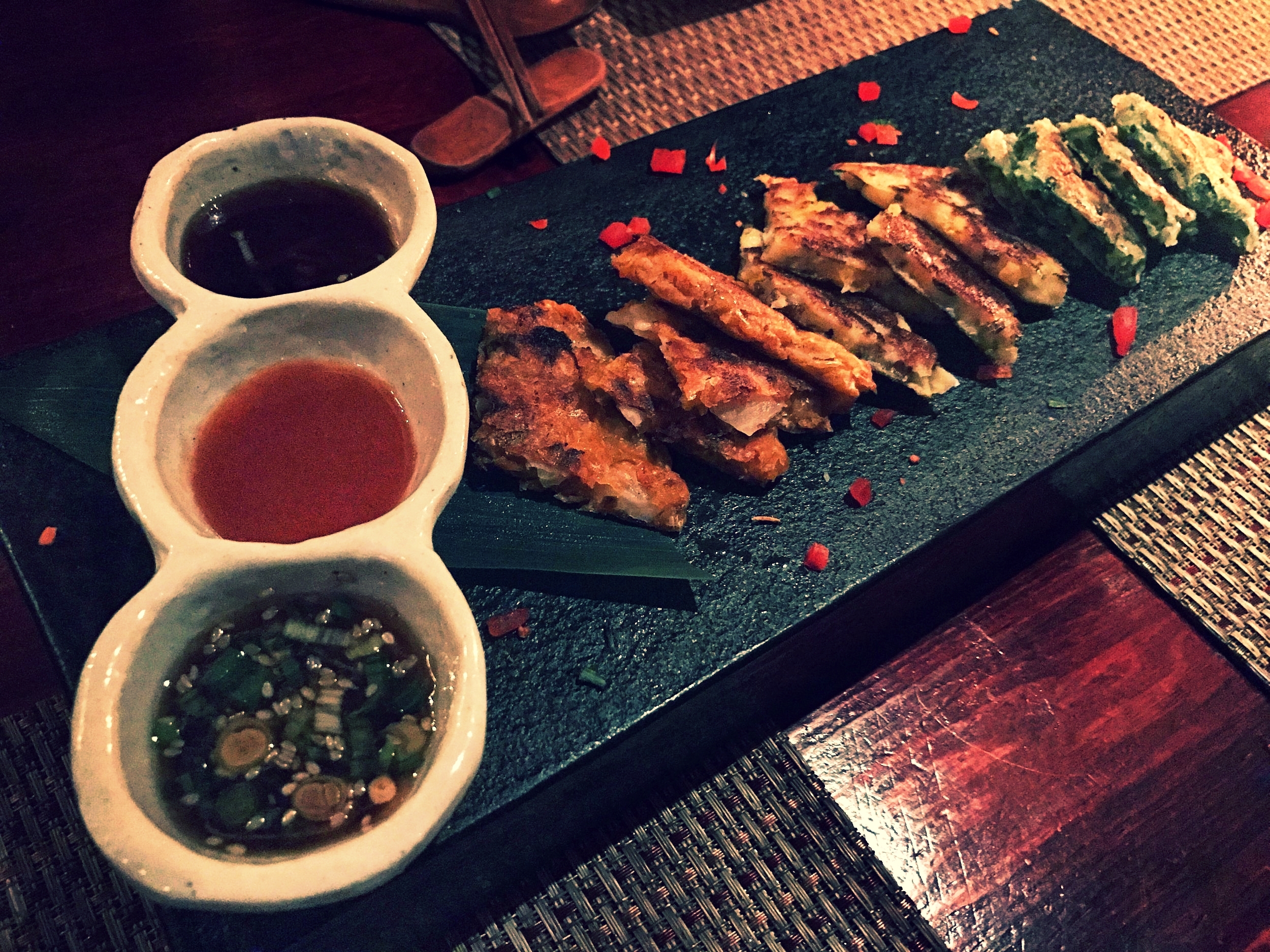 The combination pancakes appetizer at Hangawi. We did a shot ski with the sauces at the end. JK!