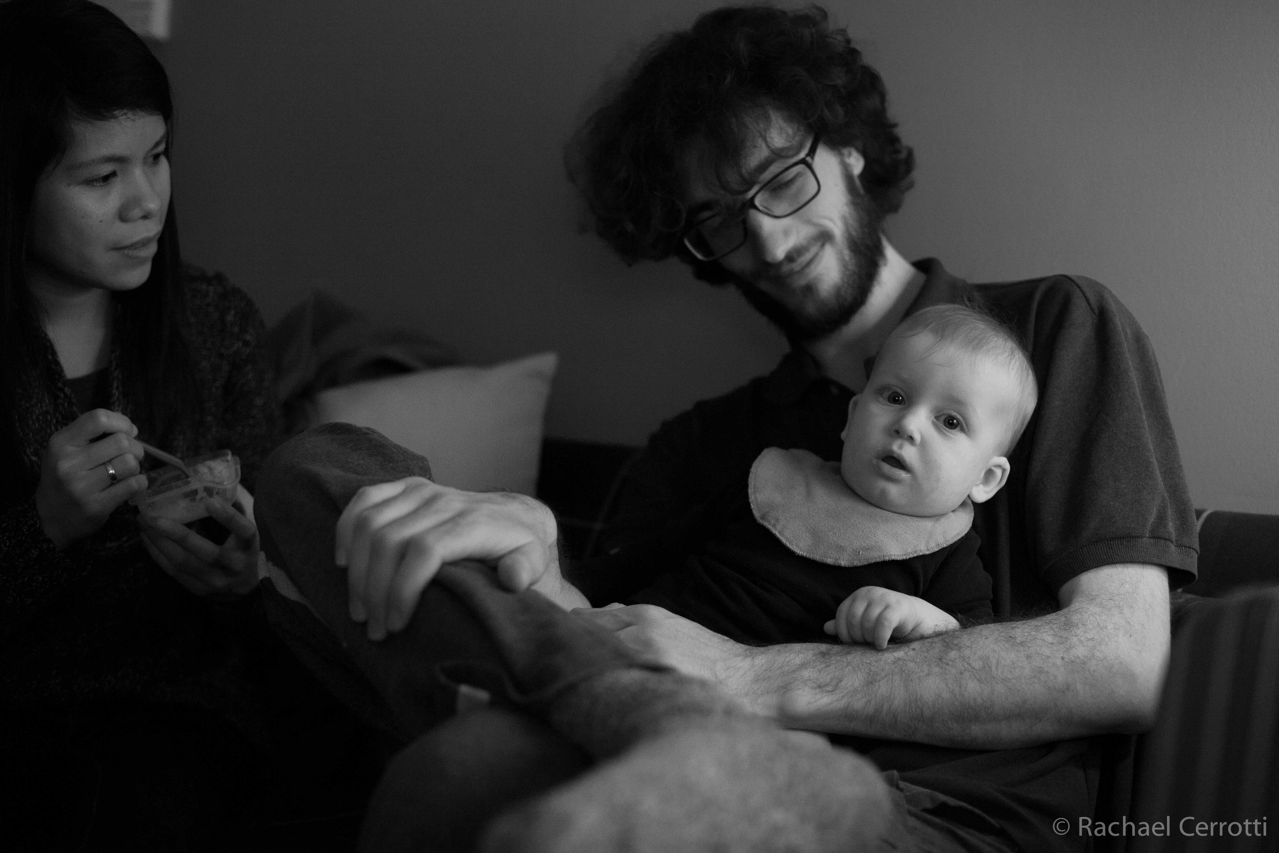 Ruben Bergmann, Dasa's grandson, sits with his son and his step-mother, Let.