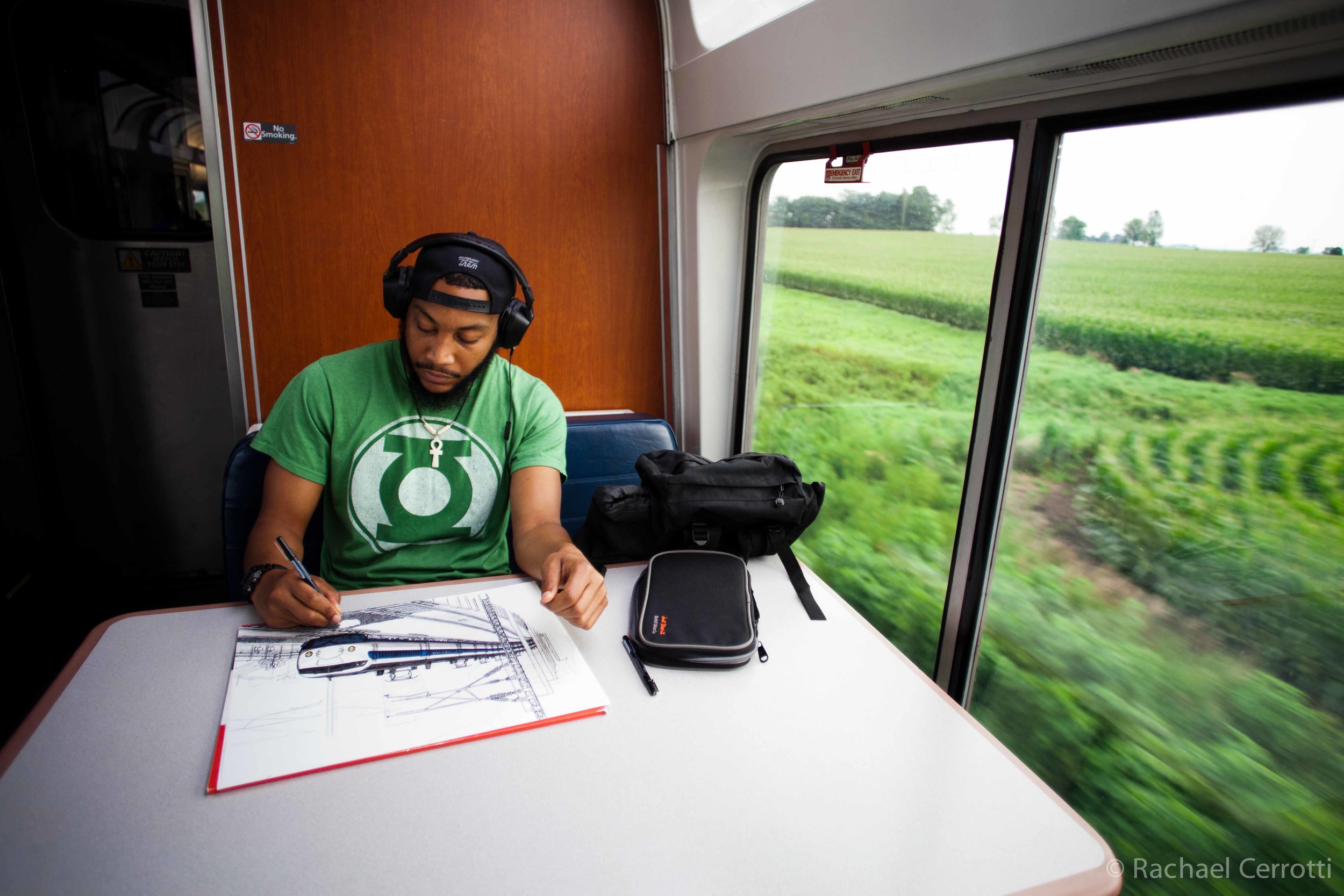 This is James, a Chicago-based artist and the first person I spoke to on the train. I was drawn into conversation with him while admiring his art. We talked about self-publishing books after he showed me the graphic novel he is working on.