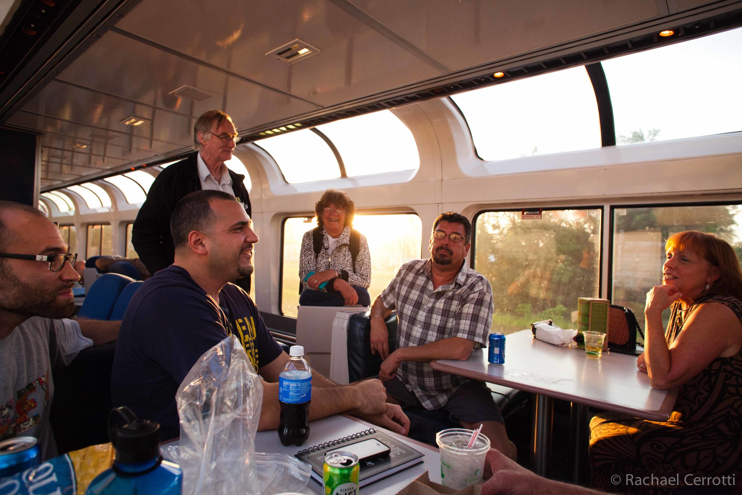 As the sun set, conversation continued in the lounge car on Amtrak’s California Zephyr.