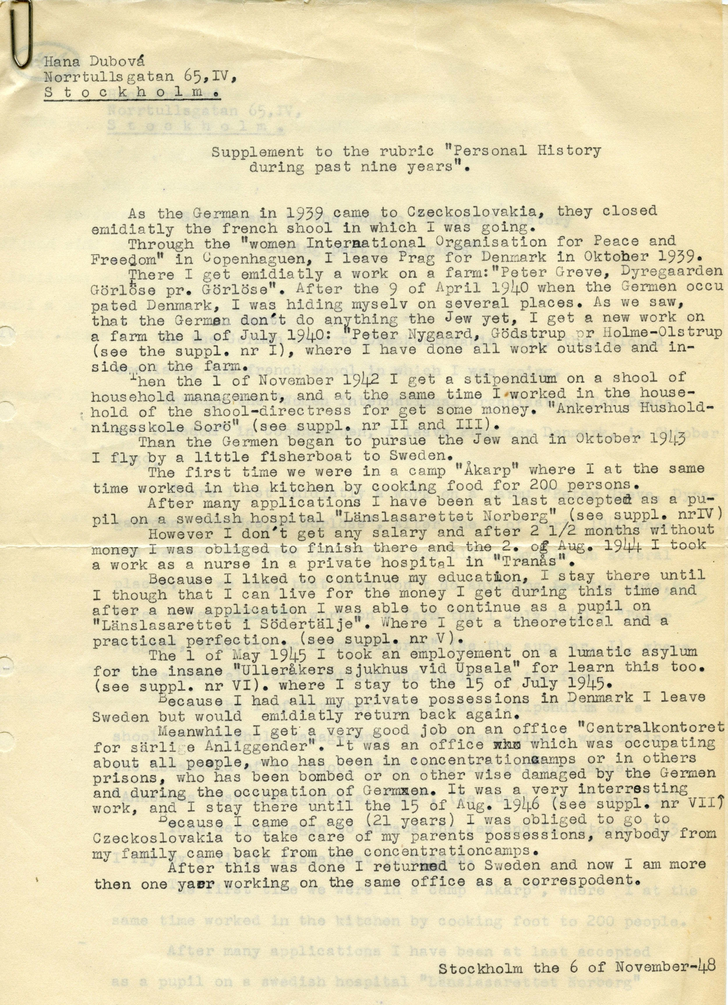 Hana's "Personal History During Past Nine Years" written for an English class in 1948.