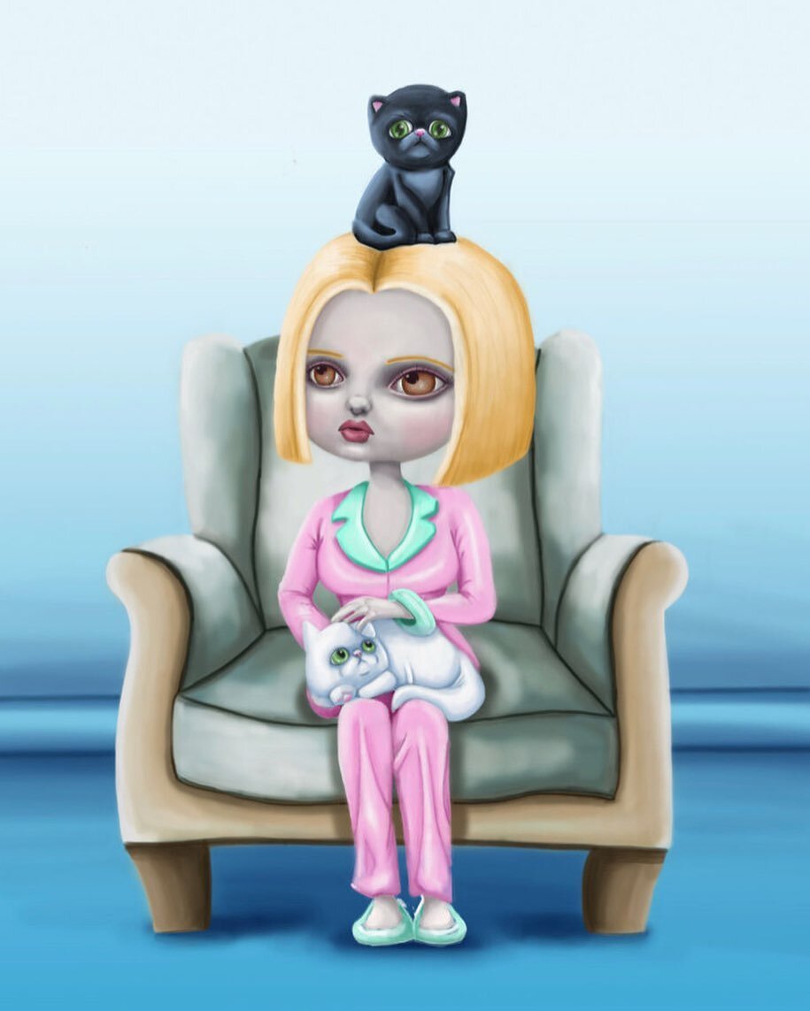 🎶That was her and baby this is ME🎶 This is ME. YES. ME. A self portrait with my fluffy children in the Mark Ryden low brow pop art style. Also, can someone direct me where to get a pink pantsuit please? I am success and success needs pantsuit.