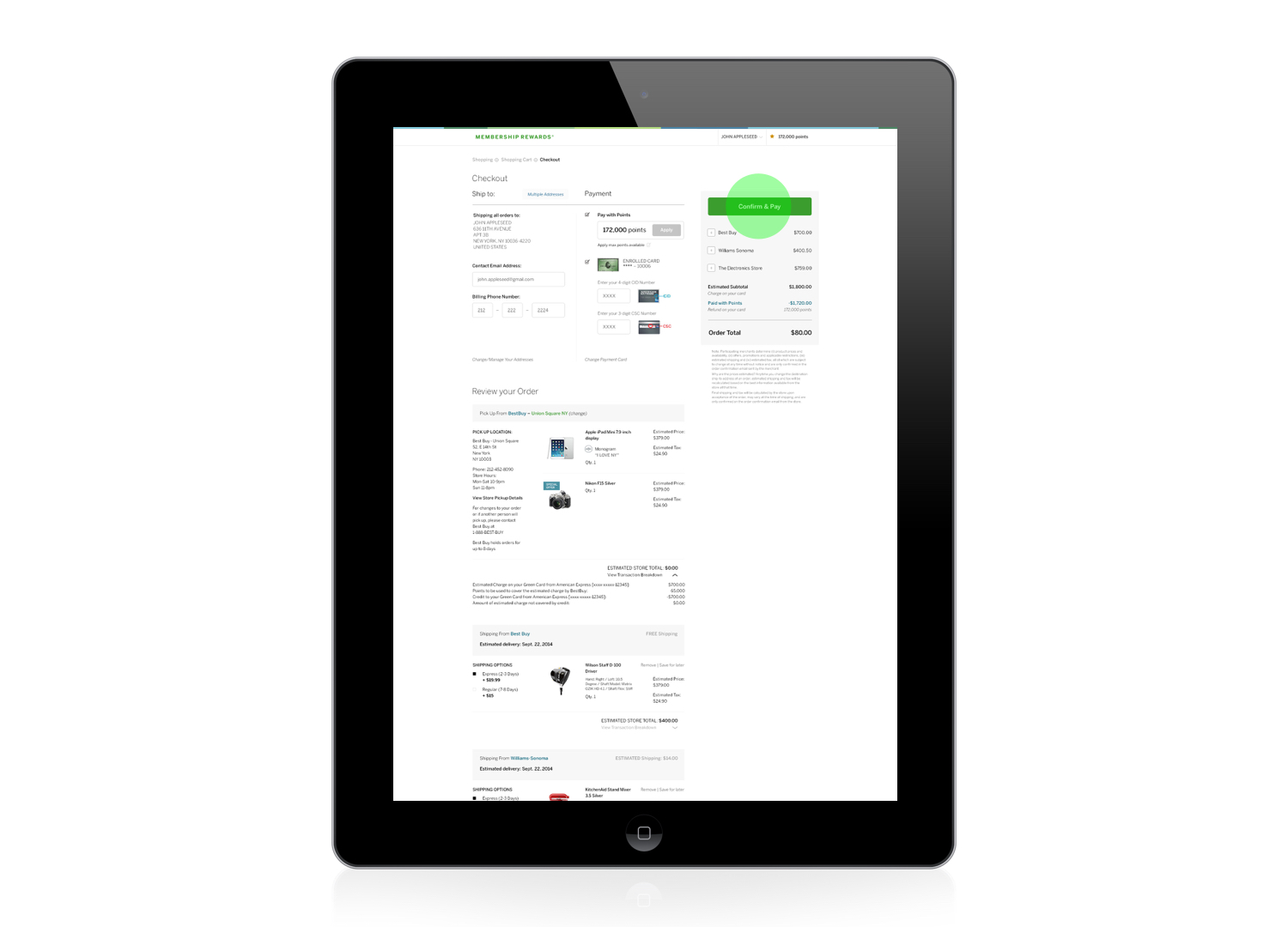 Review shopping items, credit cards info and shipping address then click on "Proceed to Checkout".