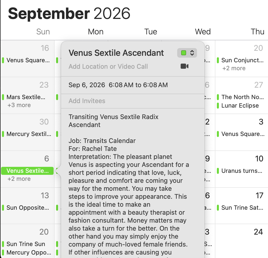 Personalized Yearly Transits Calendar