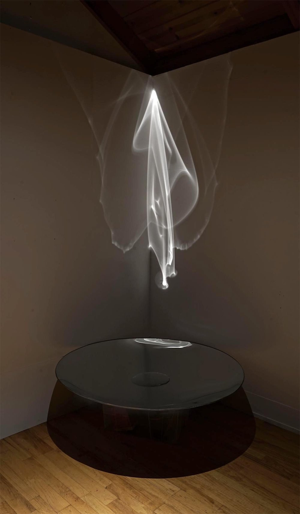 CHRYSALIS (2022) | Glass, water, wood, LED light | 98 × 45 × 45 in.