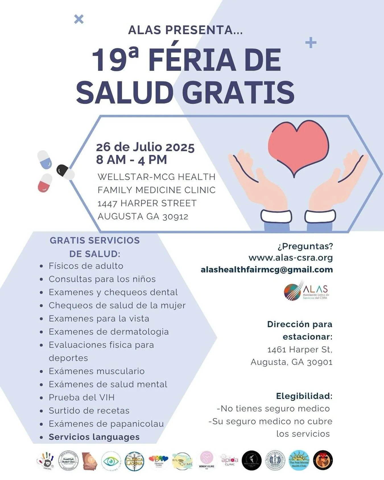 🌟 ¡Acompáñanos en la Feria de Salud de ALAS! 🌟
🗓️ 26 de julio | 8 AM – 4 PM
📍 Wellstar-MCG Health Family Medicine Clinic 
1447 Harper Street, Augusta, GA 30912
¡Exámenes de salud y recursos totalmente GRATIS