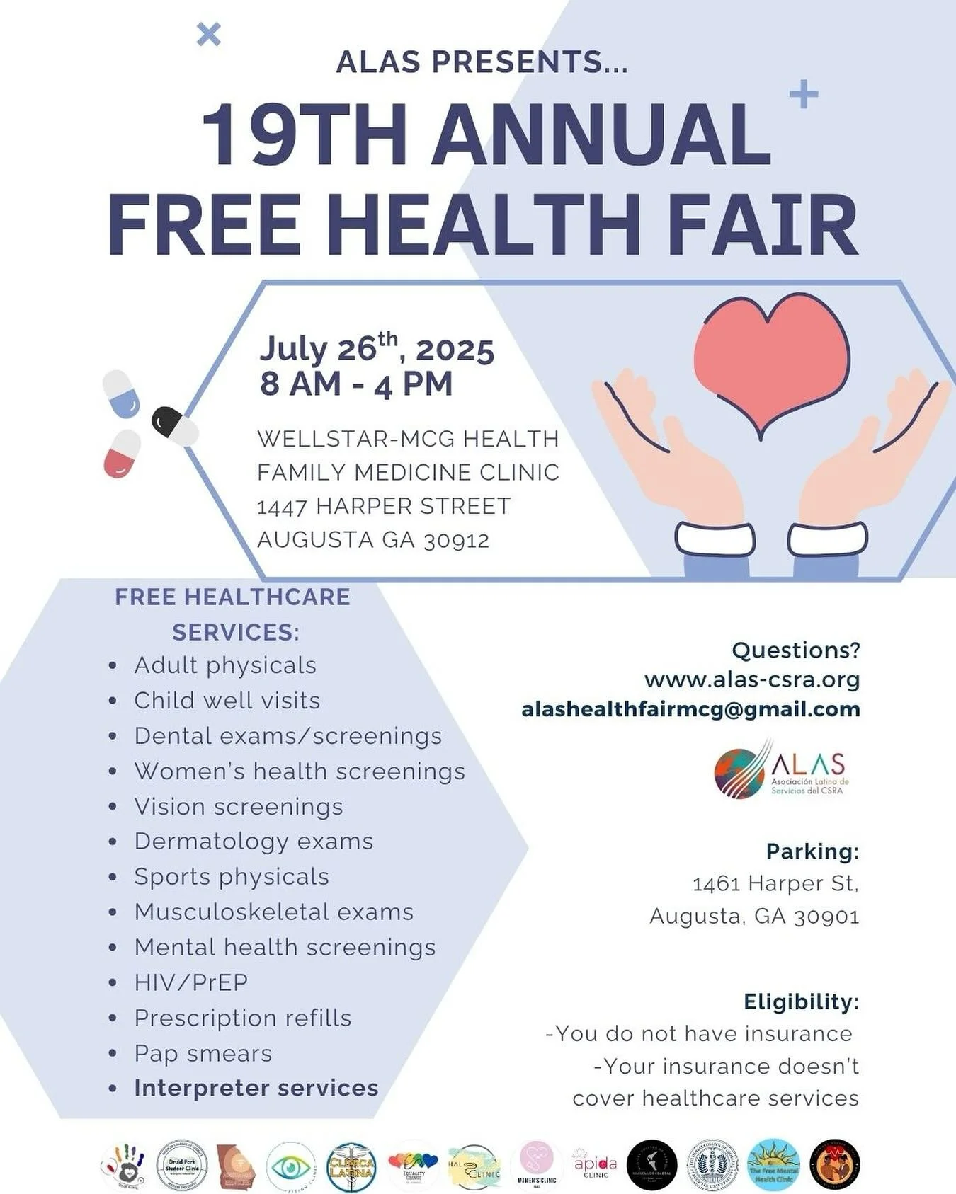 🌟 Join us at the 19th Annual ALAS Health Fair! 🌟
🗓️ July 26th | 8 AM – 4 PM
📍 WellStar-MCG Health Family Medicine Clinic
1447 Harper Street, Augusta, GA 30912
Free health screenings and resources to keep you and your family healthy! 💙
🅿️