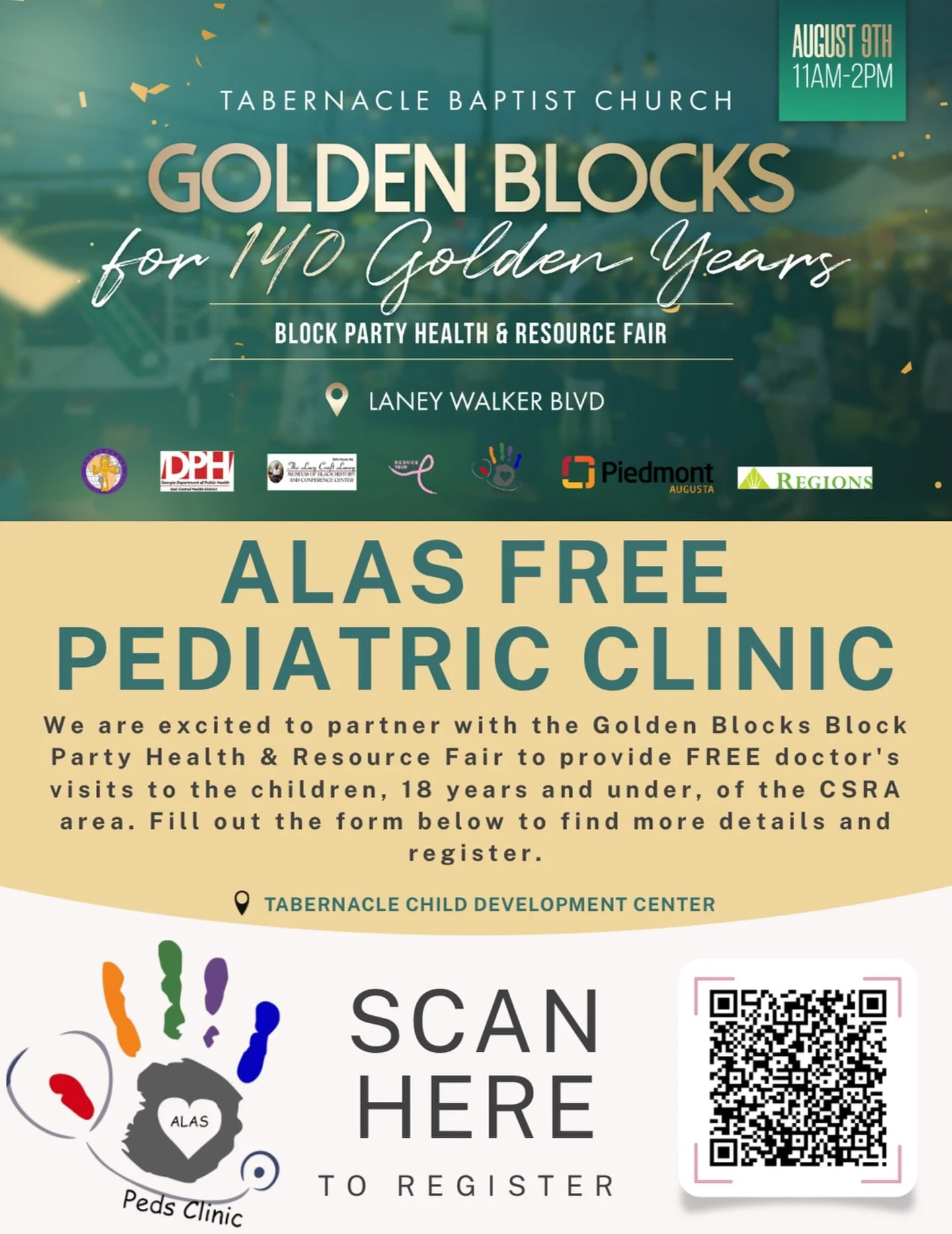 The ALAS Free Pediatric Clinic is excited to partner with The Golden Blocks for the upcoming Golden Blocks Block Party Health and Resource Fair! The fair will be taking place on Laney Walker Blvd and our “Peds 2U” clinic will be located i