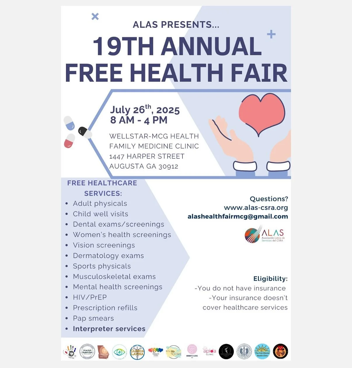 Clínica Latina is so excited to be participating in the 19th annual ALAS Health Fair on Saturday, July 26! There will be 12 other clinics in addition to ours providing healthcare services at the fair. We are looking forward to meeting patients