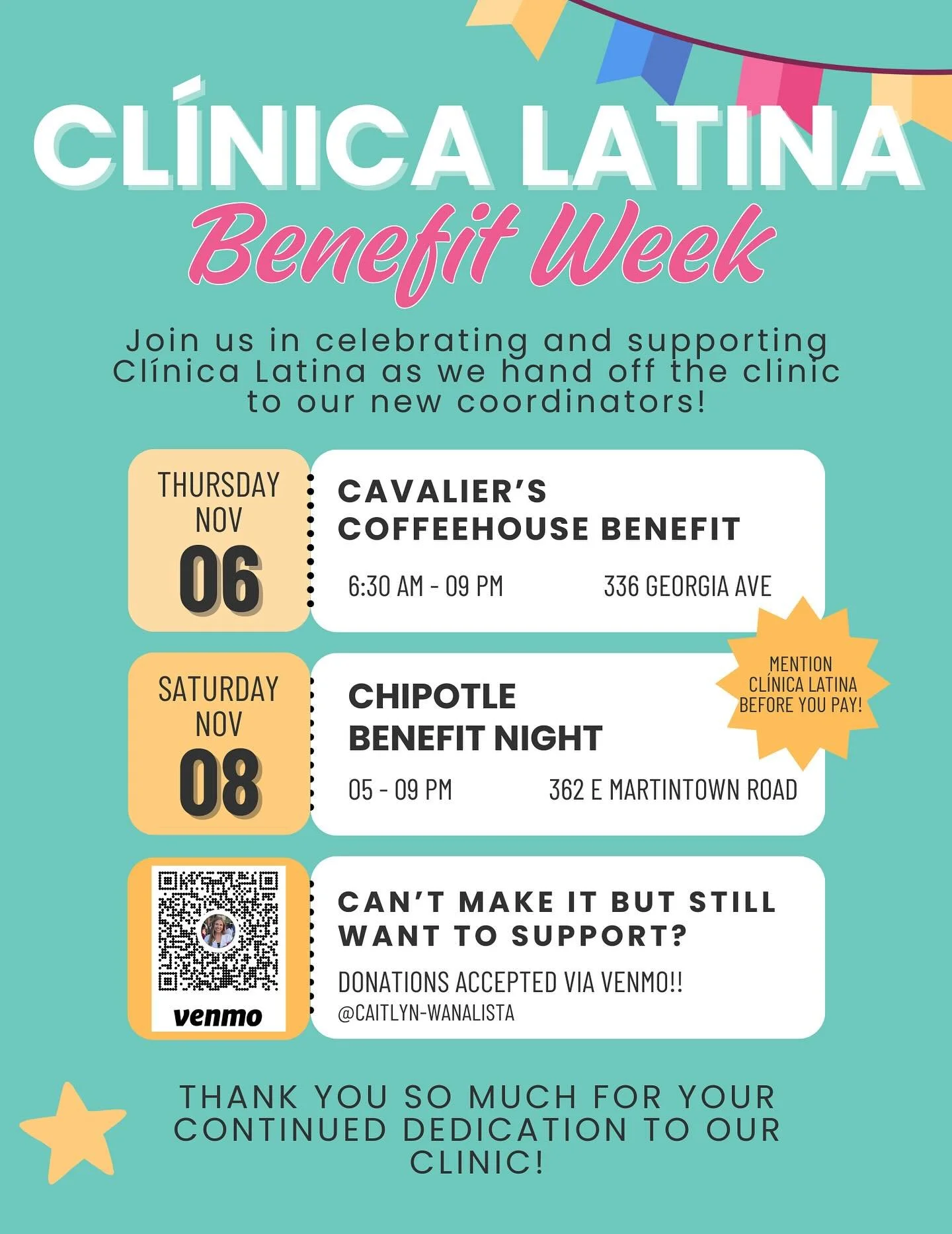 Come support our clinic next week during our events at @cavscoffee and @chipotle !! Mentioning that you&rsquo;re with our clinic will allow us to receive a portion of the proceeds! ☕️🌯🎉