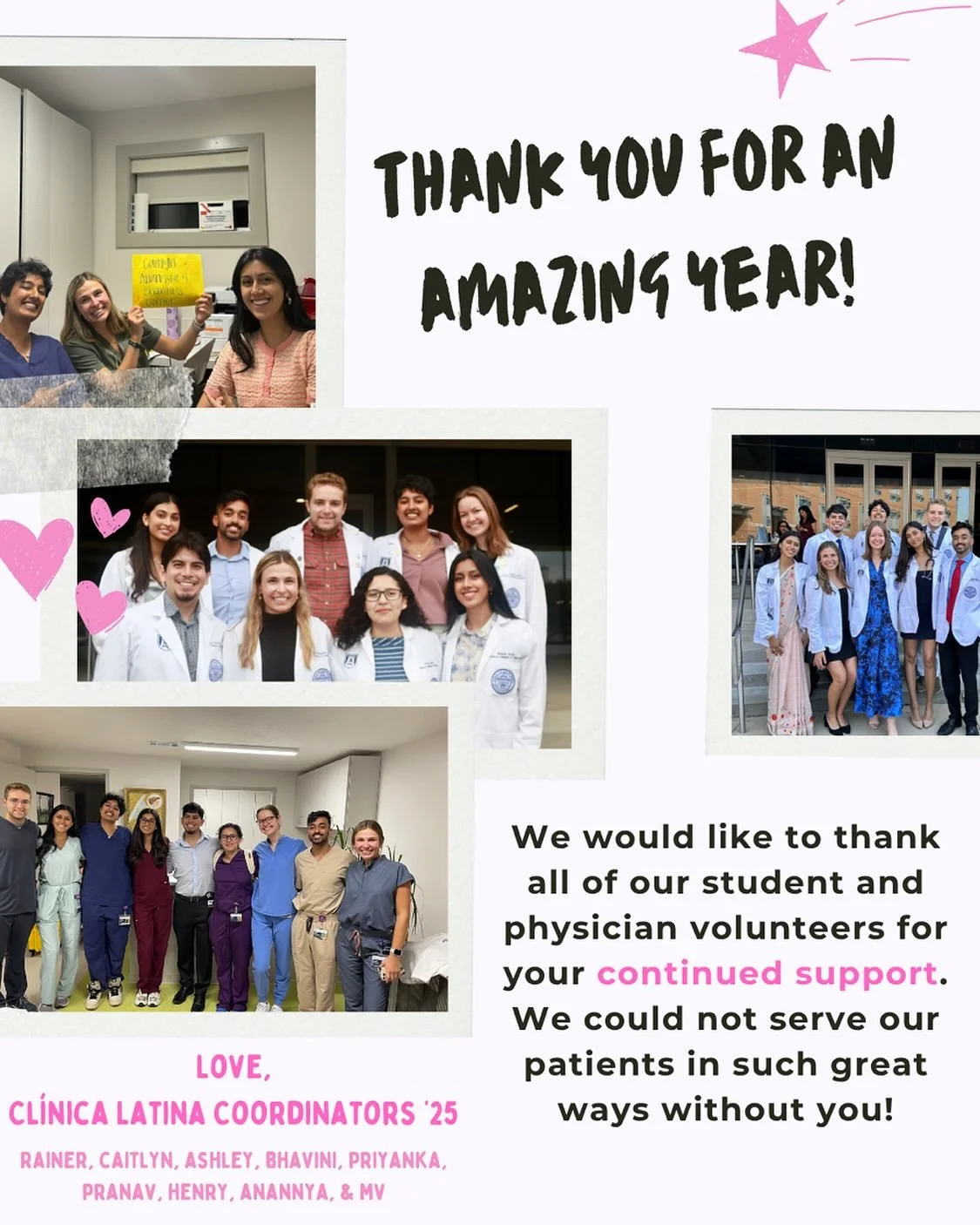 The outgoing coordinators want to say thank you so much to all of the volunteers that help our clinic have such a positive impact on our community! We will miss being coordinators, but we are so excited to see all the great things that the new team w