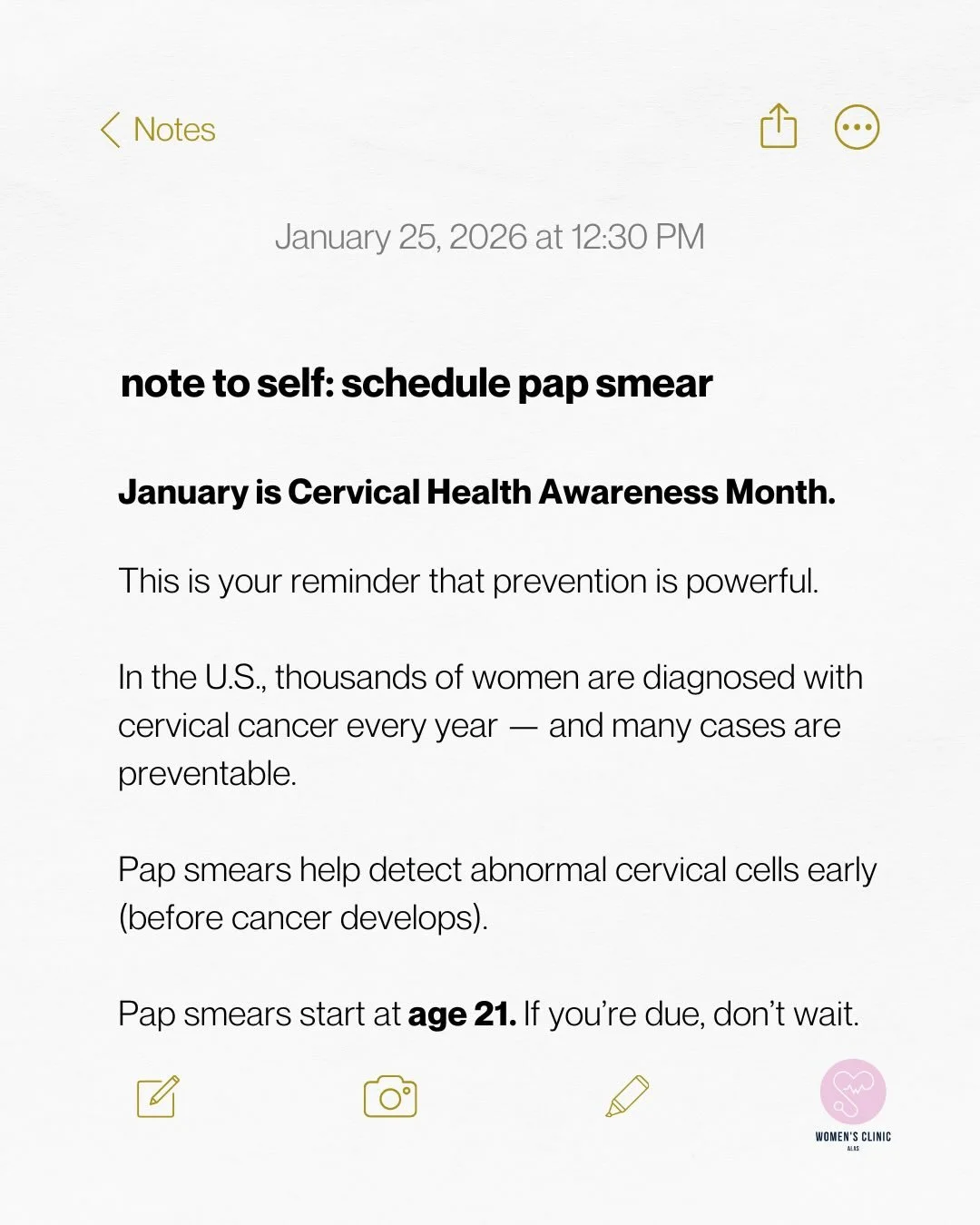 January is Cervical Health Awareness Month! Knowledge is power and screening saves lives. Don&rsquo;t wait for symptoms, schedule your Pap smear today! 🩵

#cervicalcancerawarenessmonth #cervicalhealthawarenessmonth #hpv #papsmear #screeningsaveslive