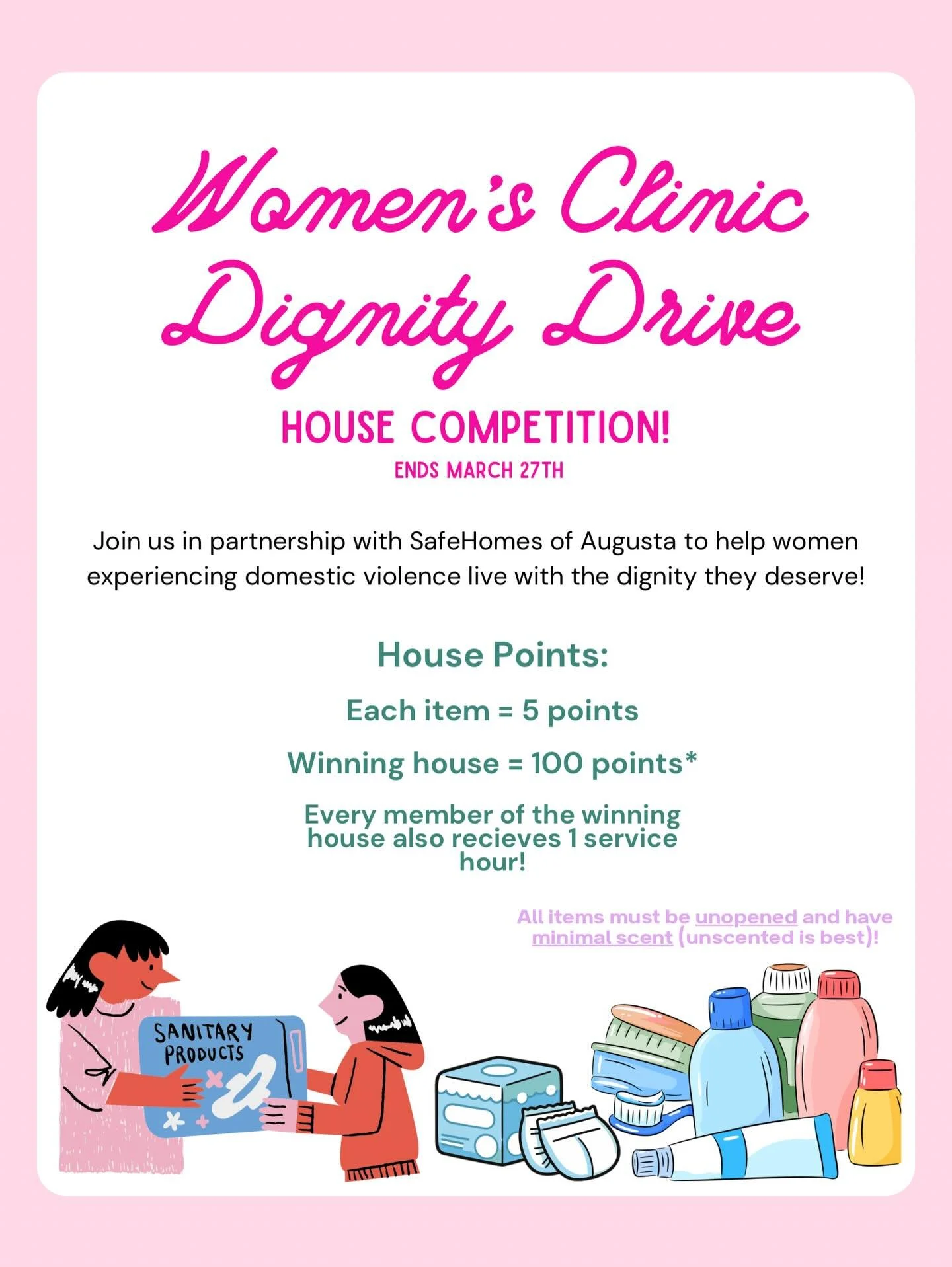 In honor of Women&rsquo;s History Month, Women&rsquo;s Clinic is excited to host a Dignity Drive for women experiencing domestic violence in the CSRA! All items donated go to directly to SafeHomes of Augusta in support their dedication to helping wom