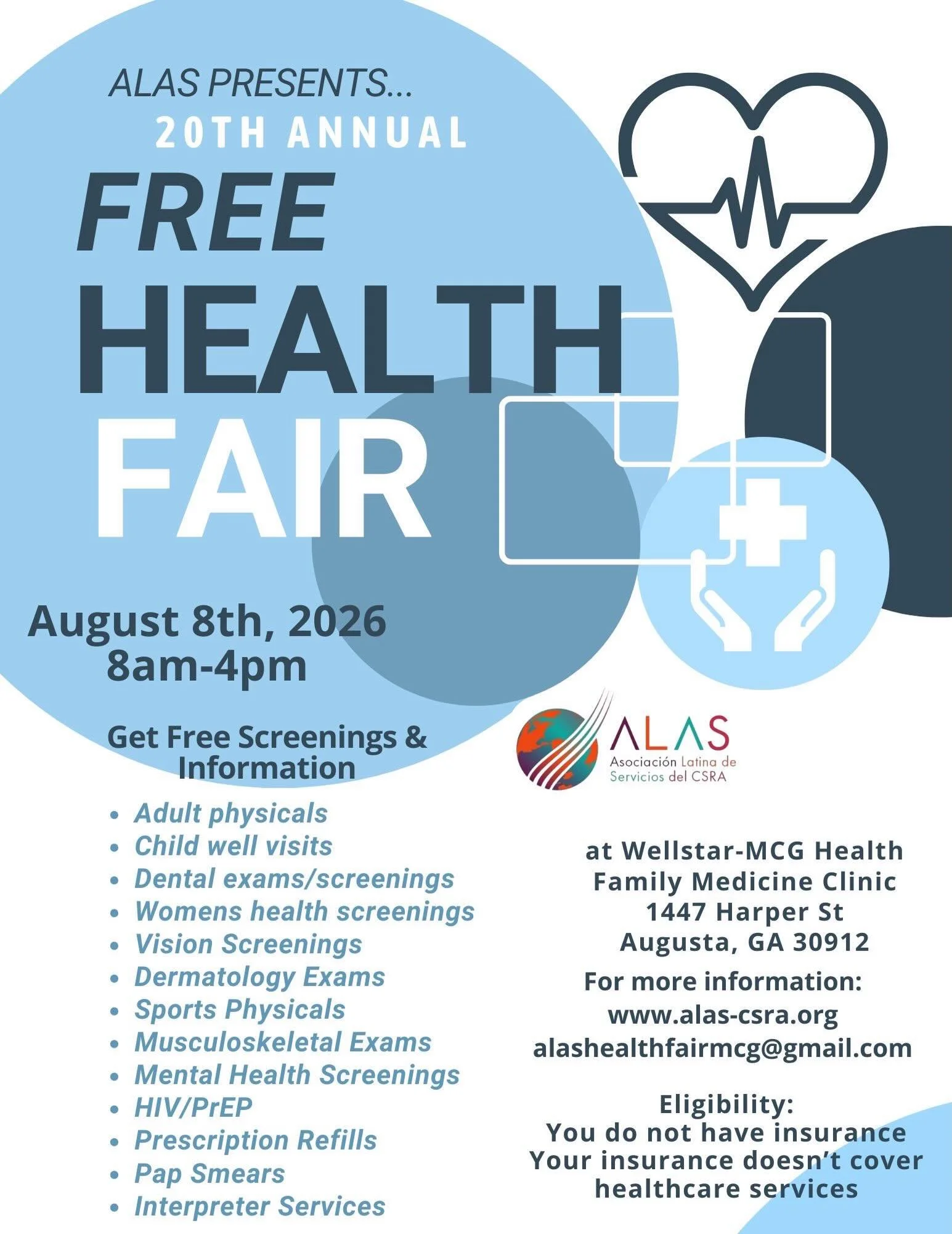 The 20th ALAS Free Health Fair is happening August 8th at the MCG Family Medicine Clinic from 8am-4pm. We would love to see you there!🩺 Feel free to reach out with any questions!
