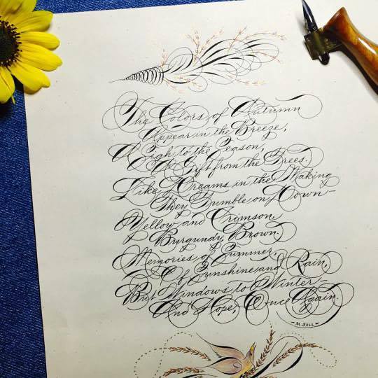 Ornamental Penmanship (Advanced Spencerian) Workshop: After the steel pen point was introduced in the second half of the 19th century, penmen delighted in transforming Spencerian Script into a highly decorative handwriting style that became known as Ornamental Penmanship. Dramatic shading of capital letters, multiple ovals and curves that twisted and turned, highly elaborate flourishing of both the lowercase and capitals and the addition of delicate non- lettering patterns such as plume, quill, scroll, cartouche and bird designs combined to make Ornamental Penmanship the most beautiful handwriting of Penmanship's Golden Age. In our workshop, students will be introduced to the techniques of writing this exquisite style that became known as the most beautiful handwriting of Western civilization. Original penmanship specimens and publications from America's Golden Age of Penmanship will be on display for study. This will be a rare opportunity to travel back in time and learn the secrets of Ornamental Penmanship!