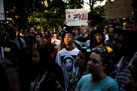  Peaceful protests and demonstrations continue in the park. Pictured, 2014 protests over police brutality after the shooting of Michael Brown in Ferguson, MI.   via   
