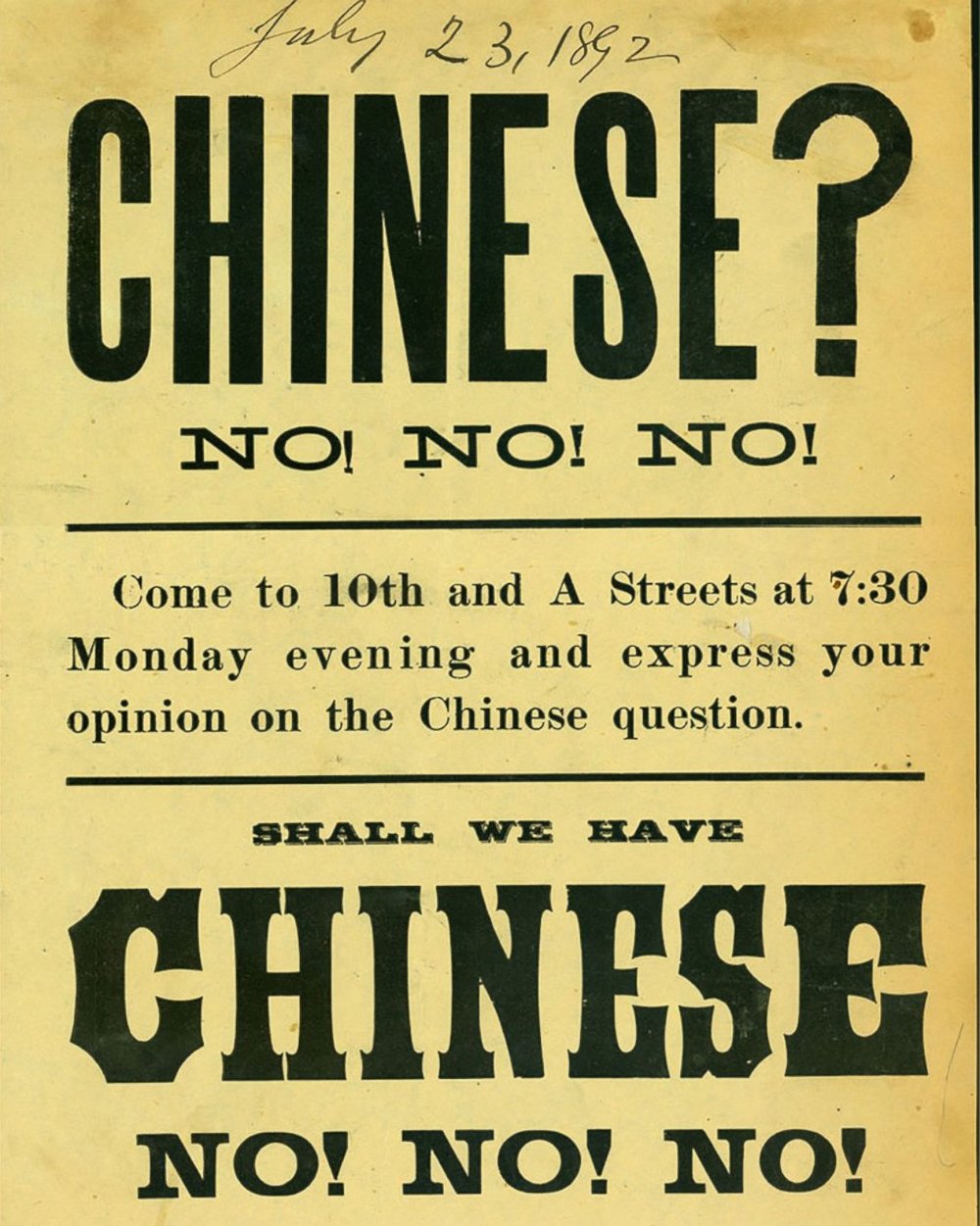  Poster for an anti-Chinese rally in Takoma, WA, c. 1892  via  