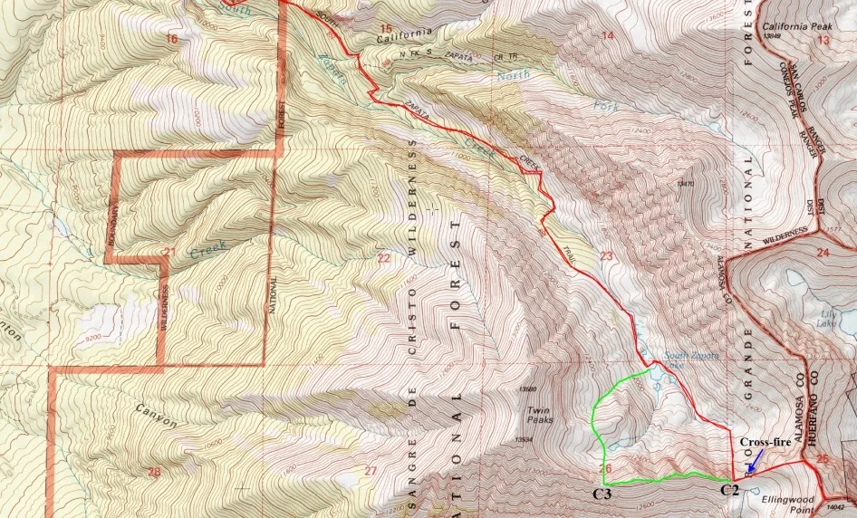 Our route in light red. Peak on lower right