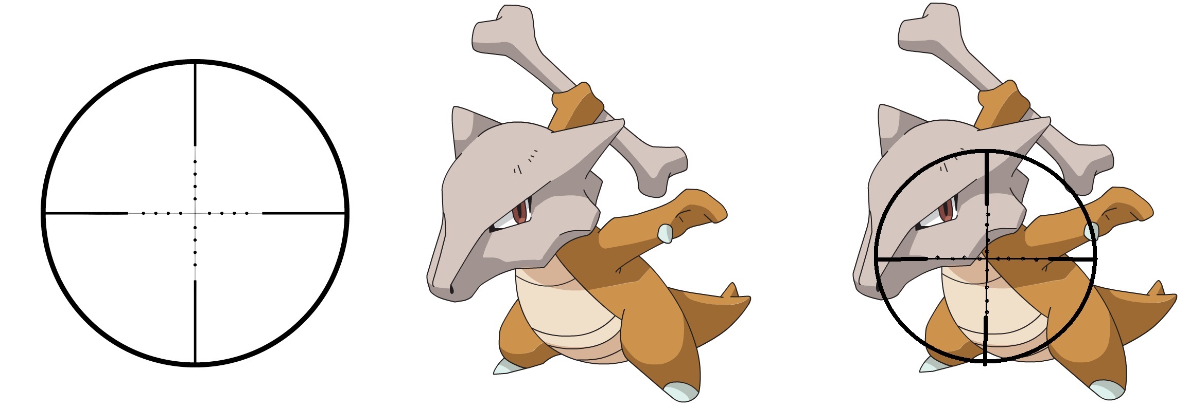 Left: Mil-Dot reticle . Center: Pokemon Marowak . Right: Who catches critters with their phone, anyway?