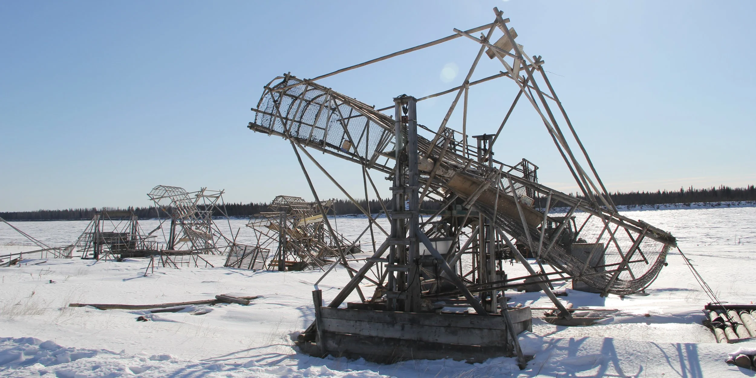 James' fish wheel, which is anchored in the middle of the river in the summer.