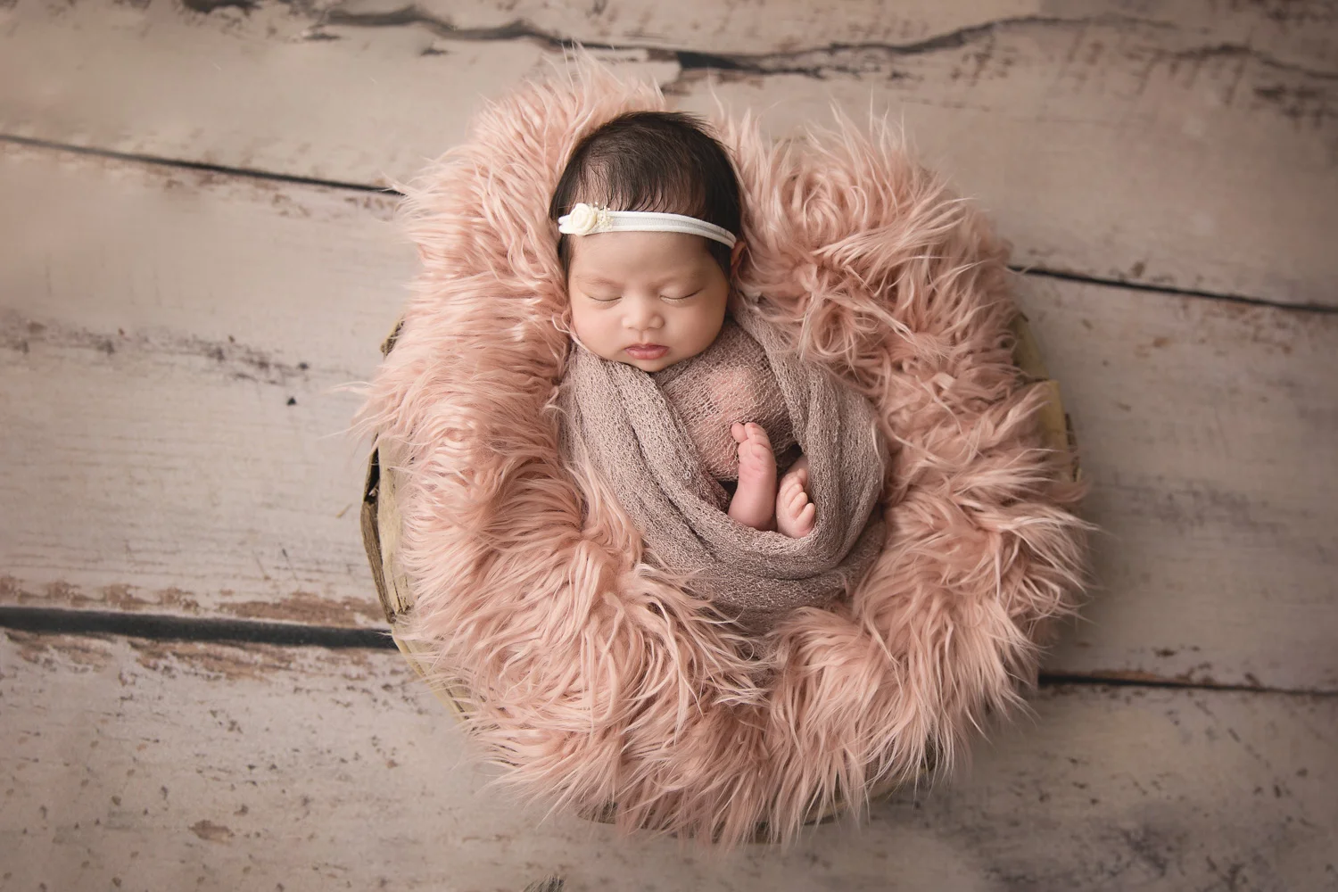 Bird's eye view of sweet baby girl wrapped in blush pink in a bowl in WInnipeg studio for newborn photos.