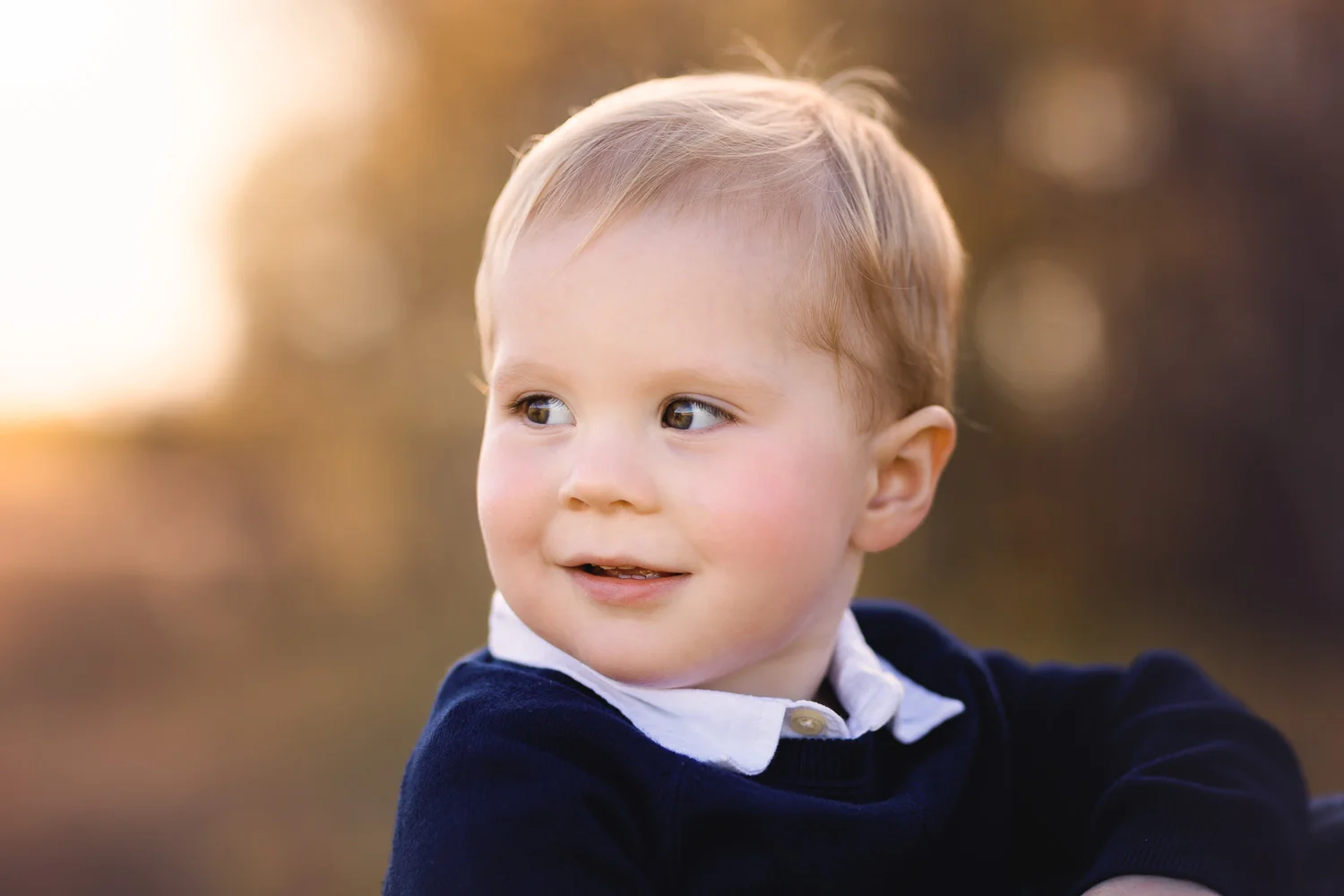 Cute one year old boy looking off into the distance during fall photos near WInnipeg.